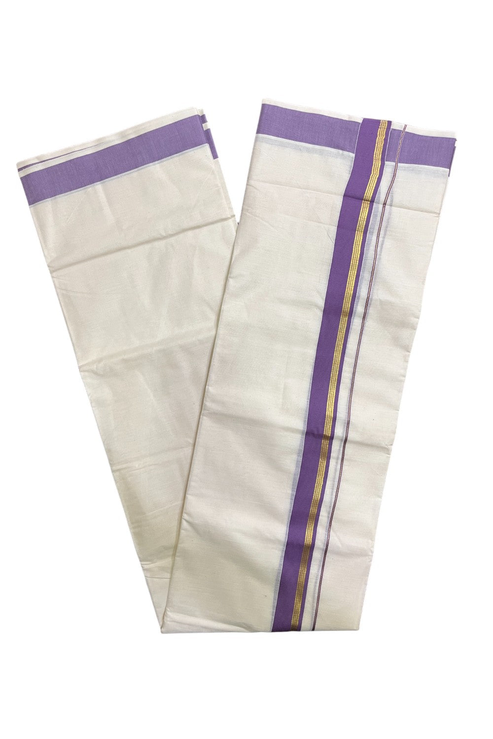 Kerala Pure Cotton Double Mundu with Violet and Kasavu Border (South Indian Kerala Dhoti)