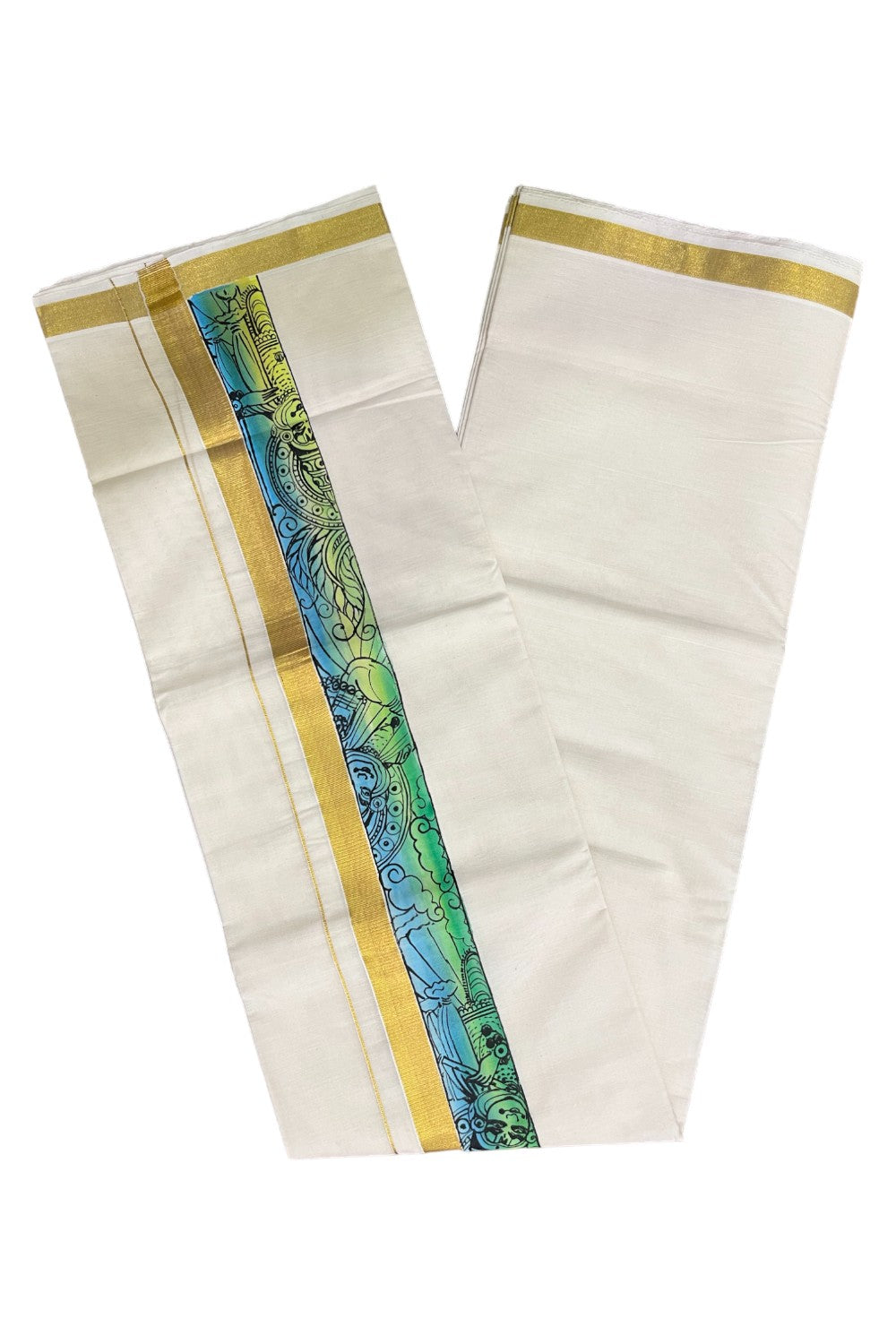 Kerala Pure Cotton Double Mundu with Kathakali Mural Hand Painted Design on Kasavu Border (South Indian Kerala Dhoti)