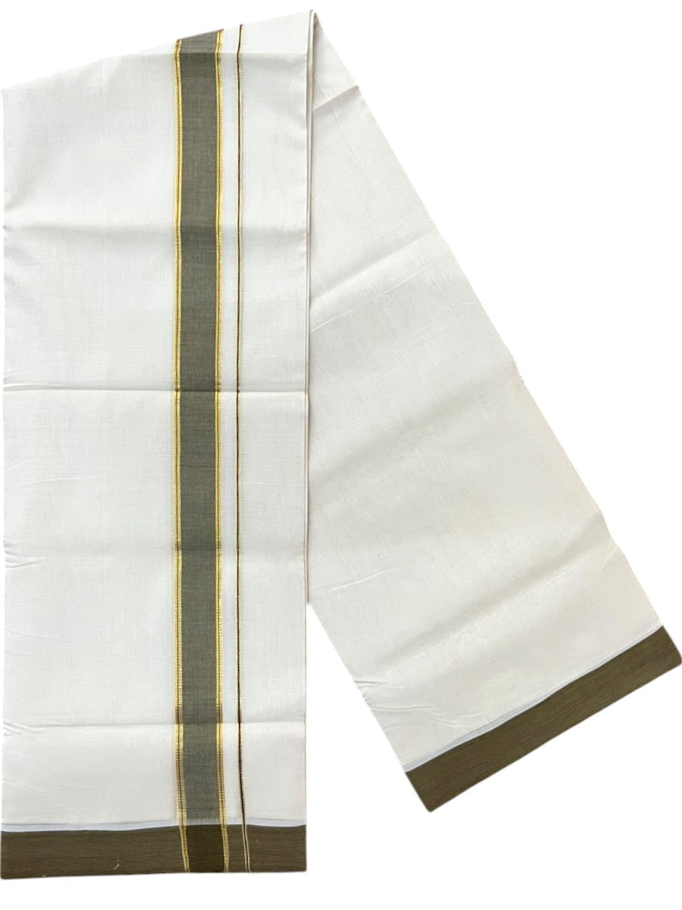 Southloom Balaramapuram Unakkupaavu Premium Handloom Cotton Double Mundu with Gold Kasavu and Purple & Mustard Yellow Border