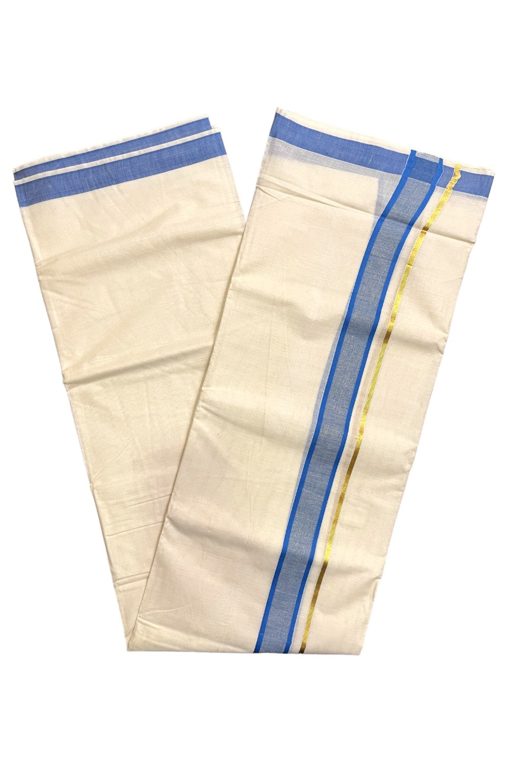 Kerala Pure Cotton Double Mundu with Blue and Kasavu Border (South Indian Kerala Dhoti)