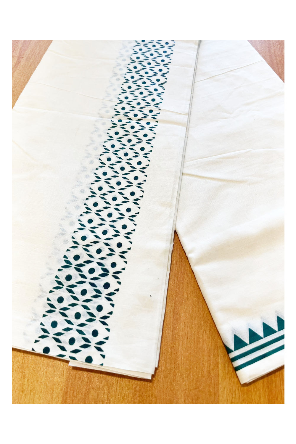 Pure Cotton Off White Double Mundu with Green Block Prints On Border (South Indian KeralaDhoti )