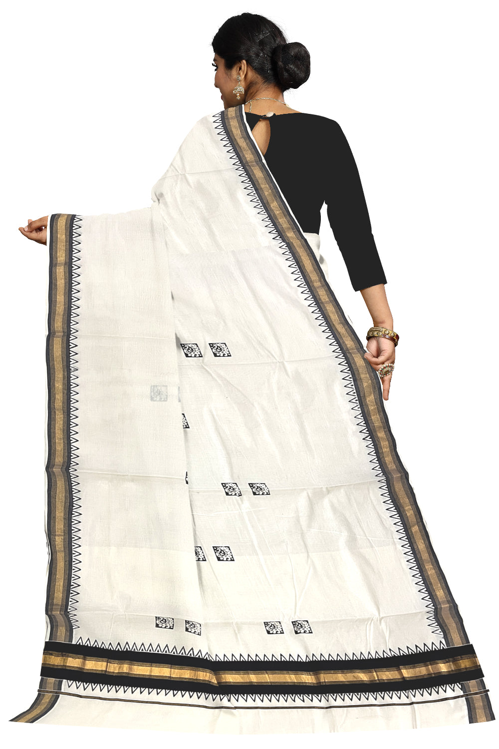 Pure Cotton Kerala Kasavu Saree with Black Temple Border and Block Prints on Body