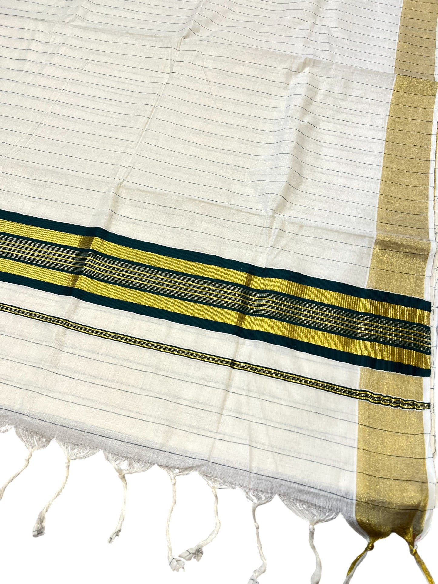 Southloom Kerala Cotton Kasavu Saree with Gold And Green Lines on Body SL331