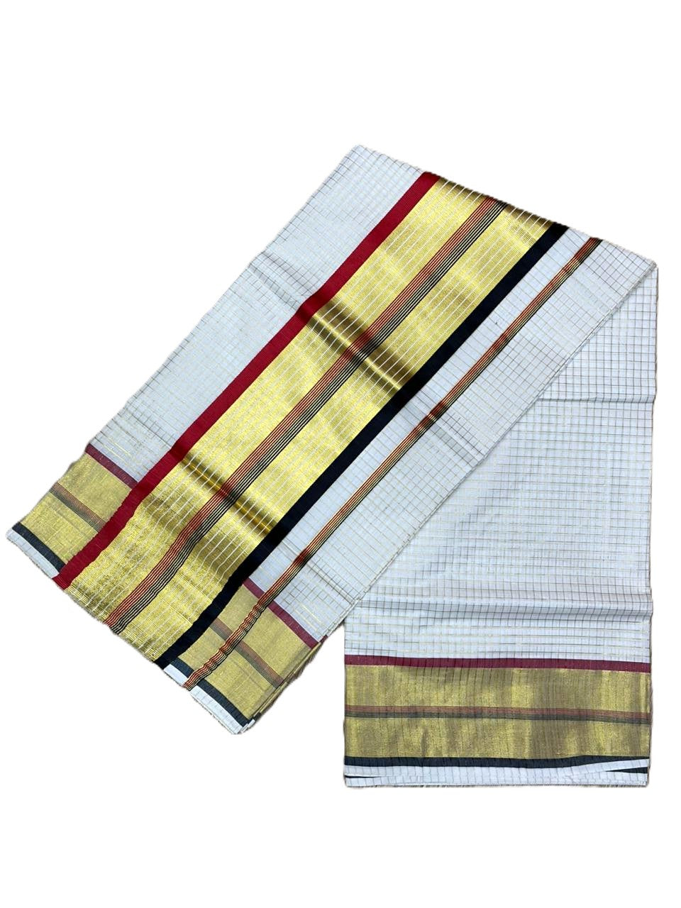 Southloom Kerala Cotton Kasavu Saree with Micro Check Design on Body in Red & Black Border SL453