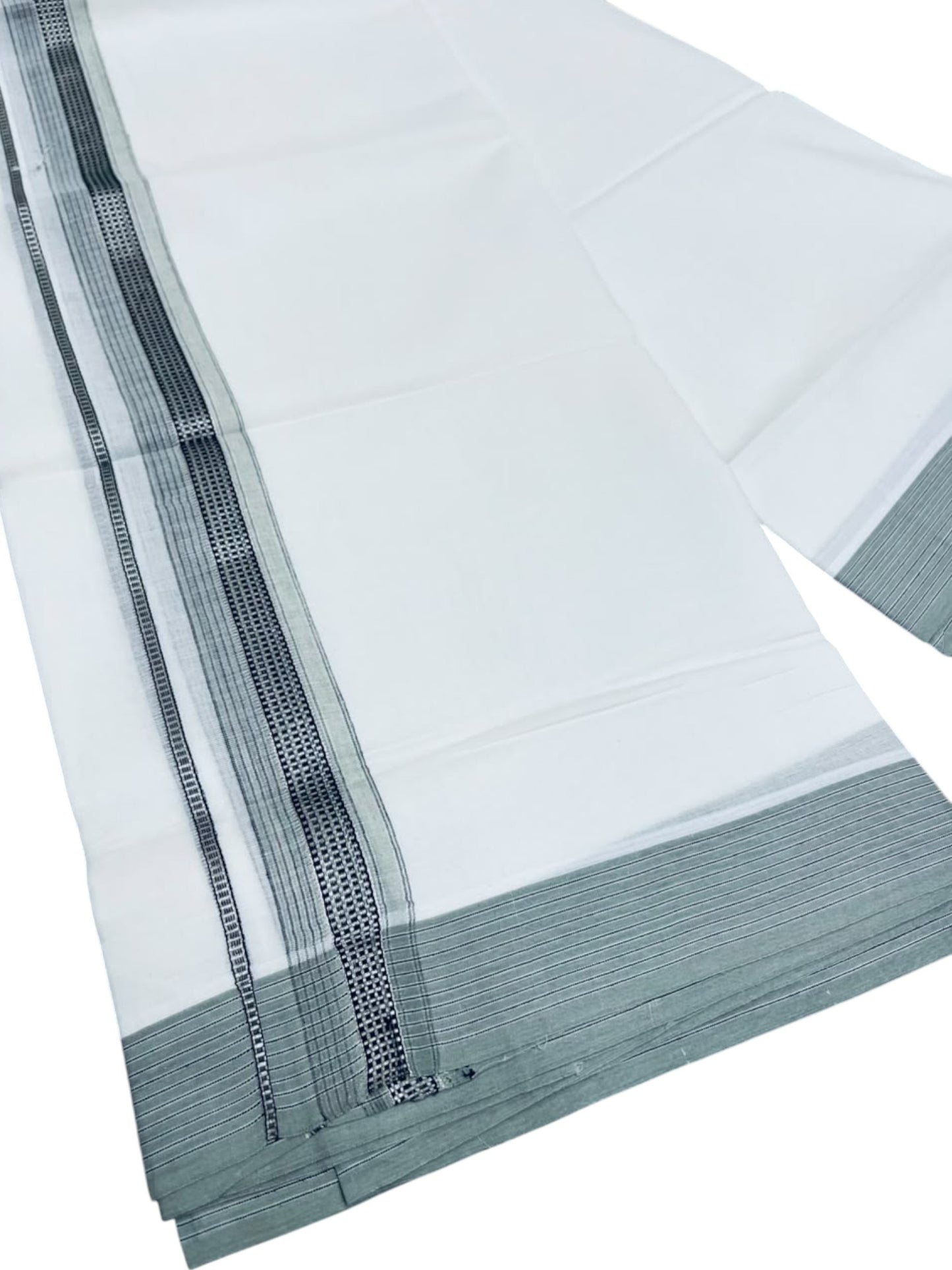Southloom White Cotton Mundu with Light Green & Silver Line Border (South Indian Kerala Dhoti)