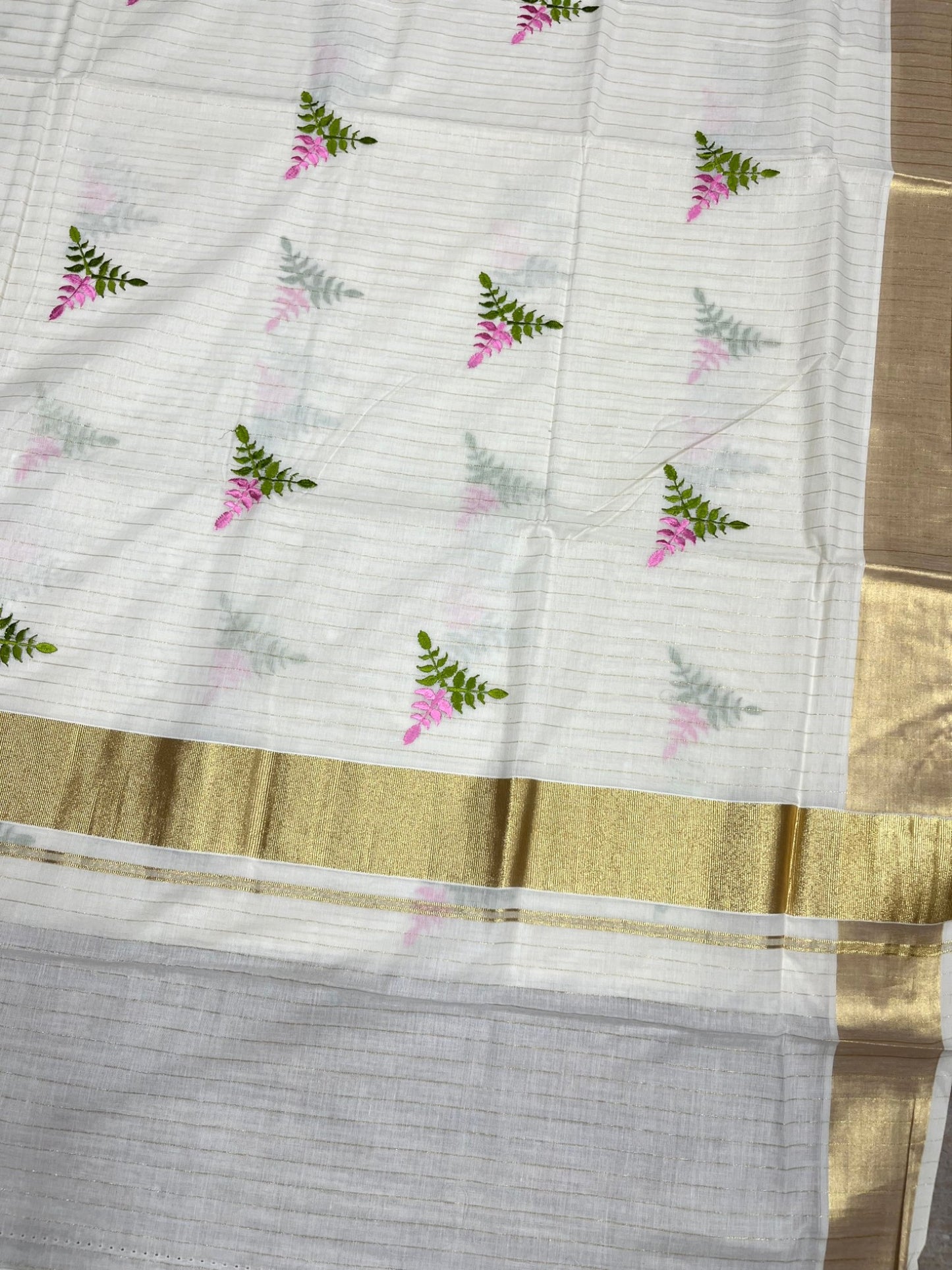 Southloom Kerala Cotton Kasavu Stripes Saree with Floral Embroidery Design in Pink and Green