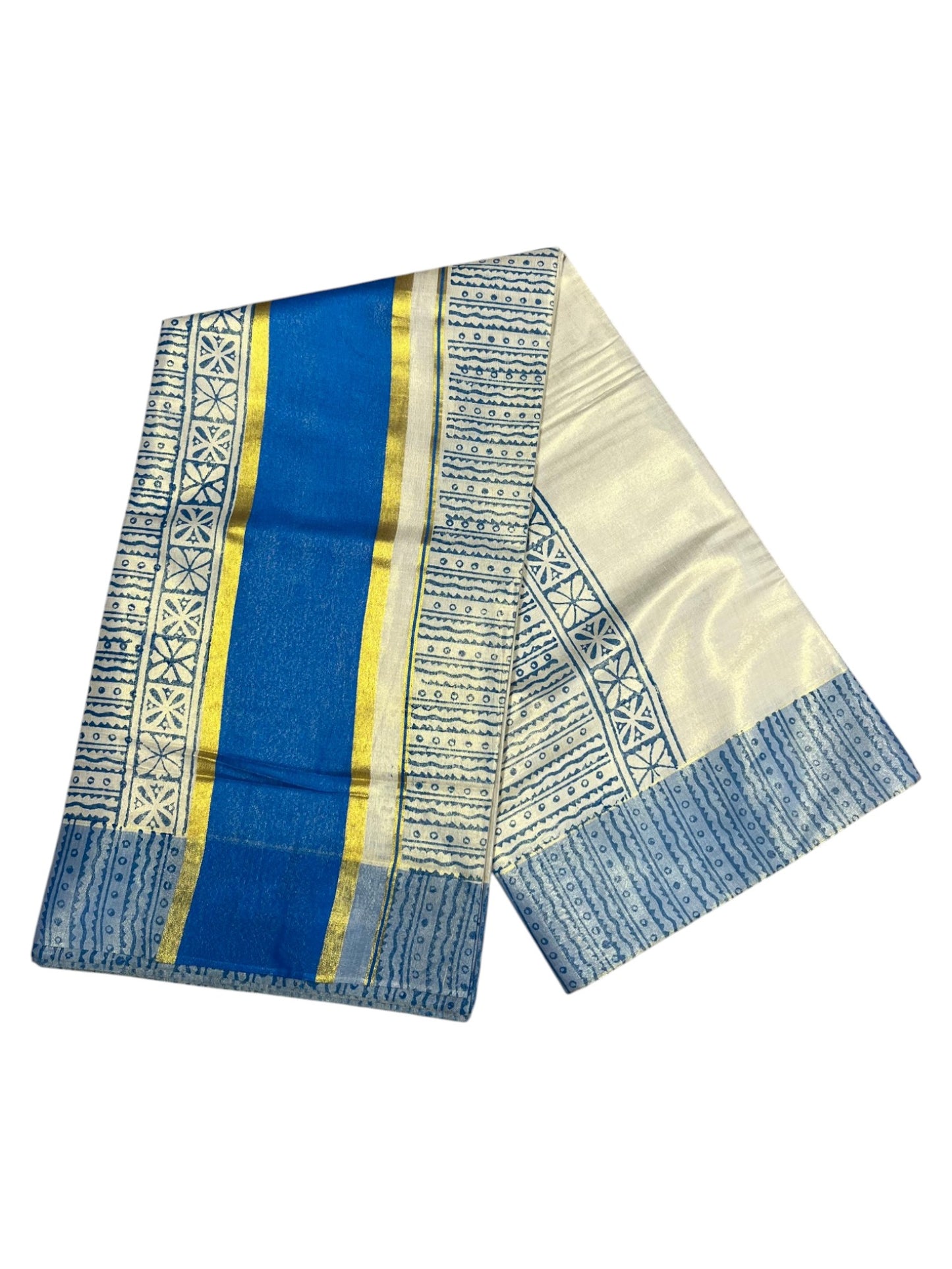Southloom Tissue Kerala Kasavu Saree with Block Print on Body and Borders in Blue