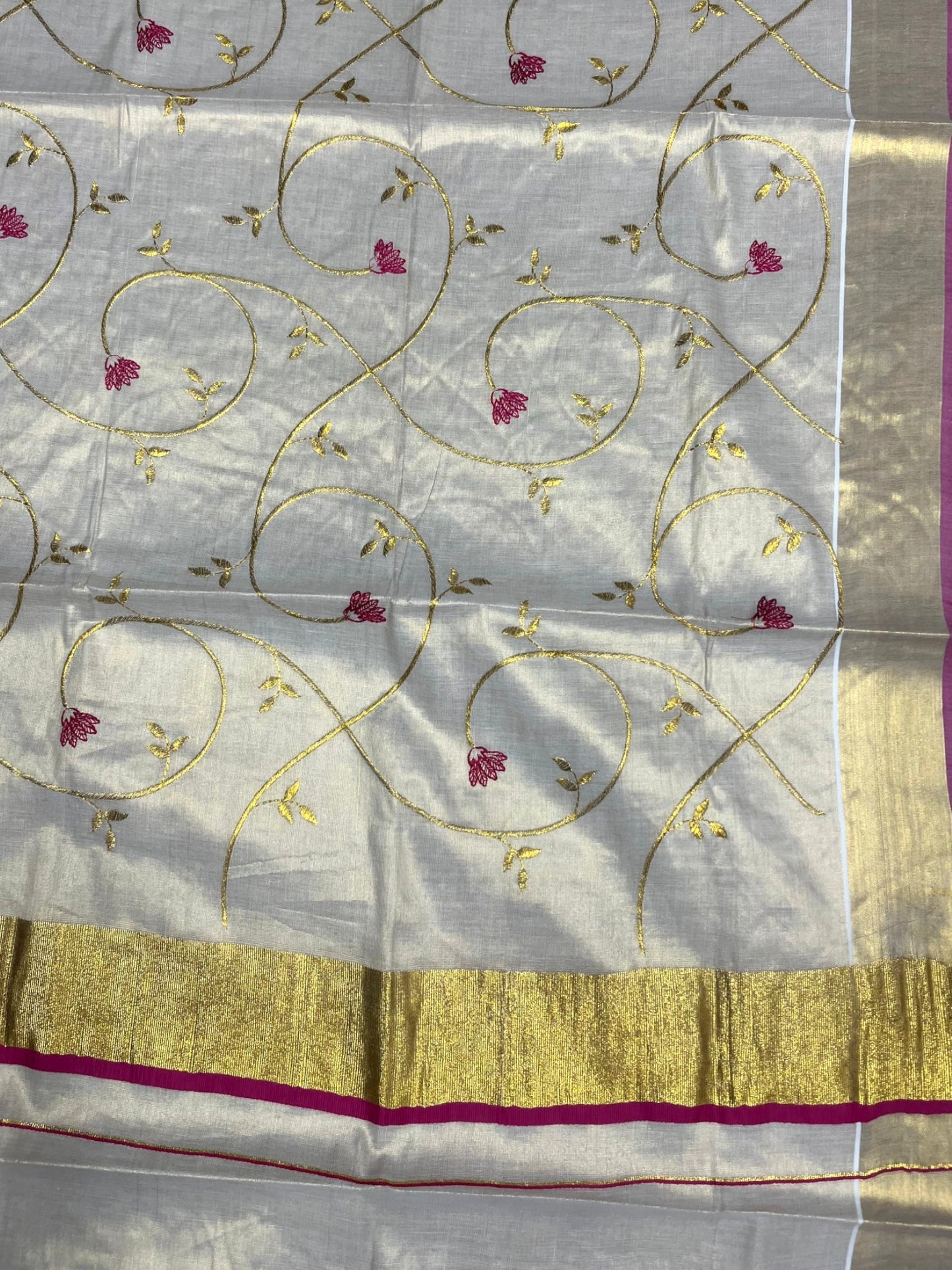 Southloom Kerala Tissue Kasavu Saree with Magenta and Gold Embroidery Across Body