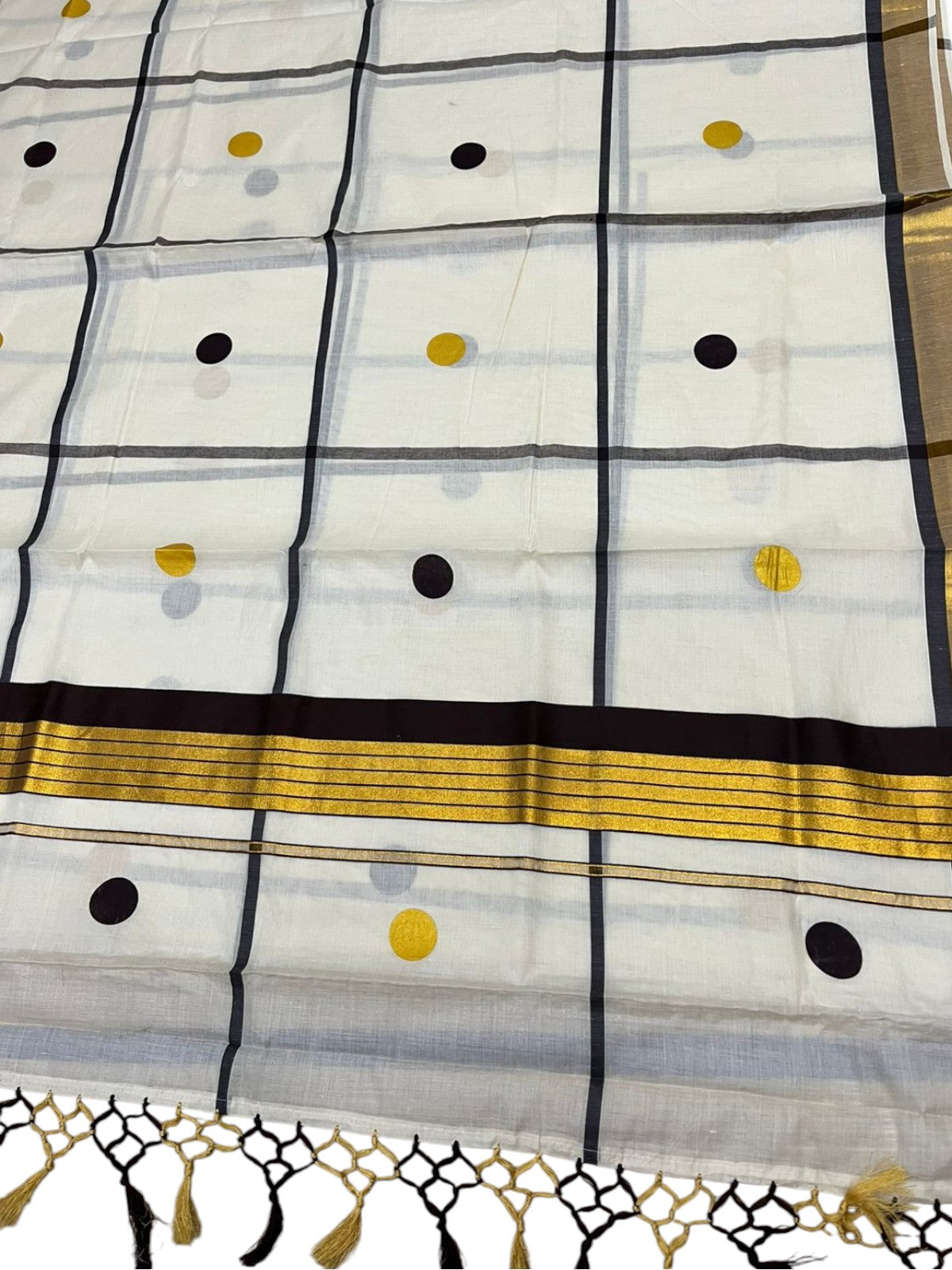 Southloom Kerala Cotton Kasavu Saree with Brown & Gold Polka Works on Body