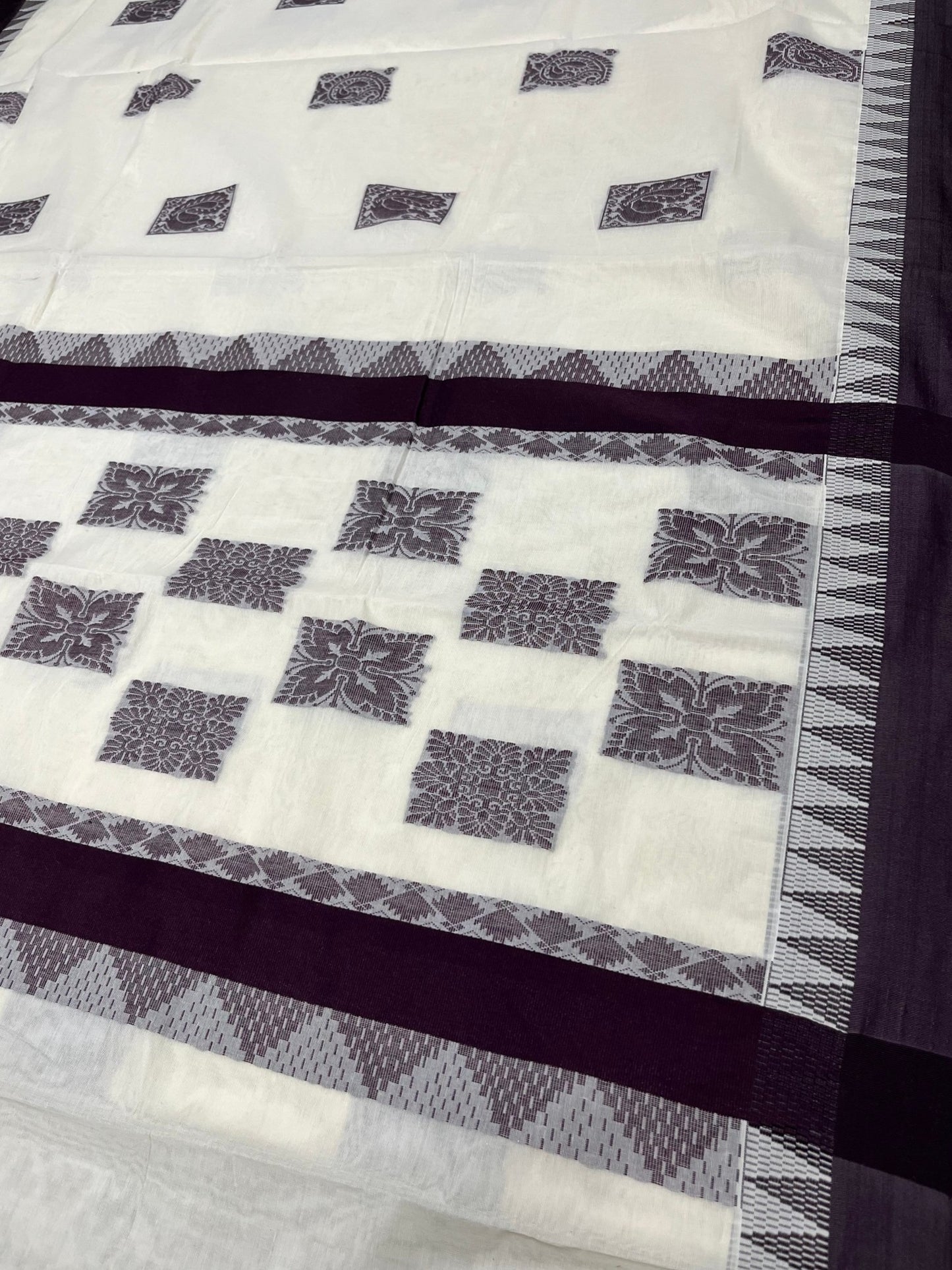 Southloom Pure Cotton Kerala Saree with Dark Purple Heavy Woven Designs and Temple Border SL454