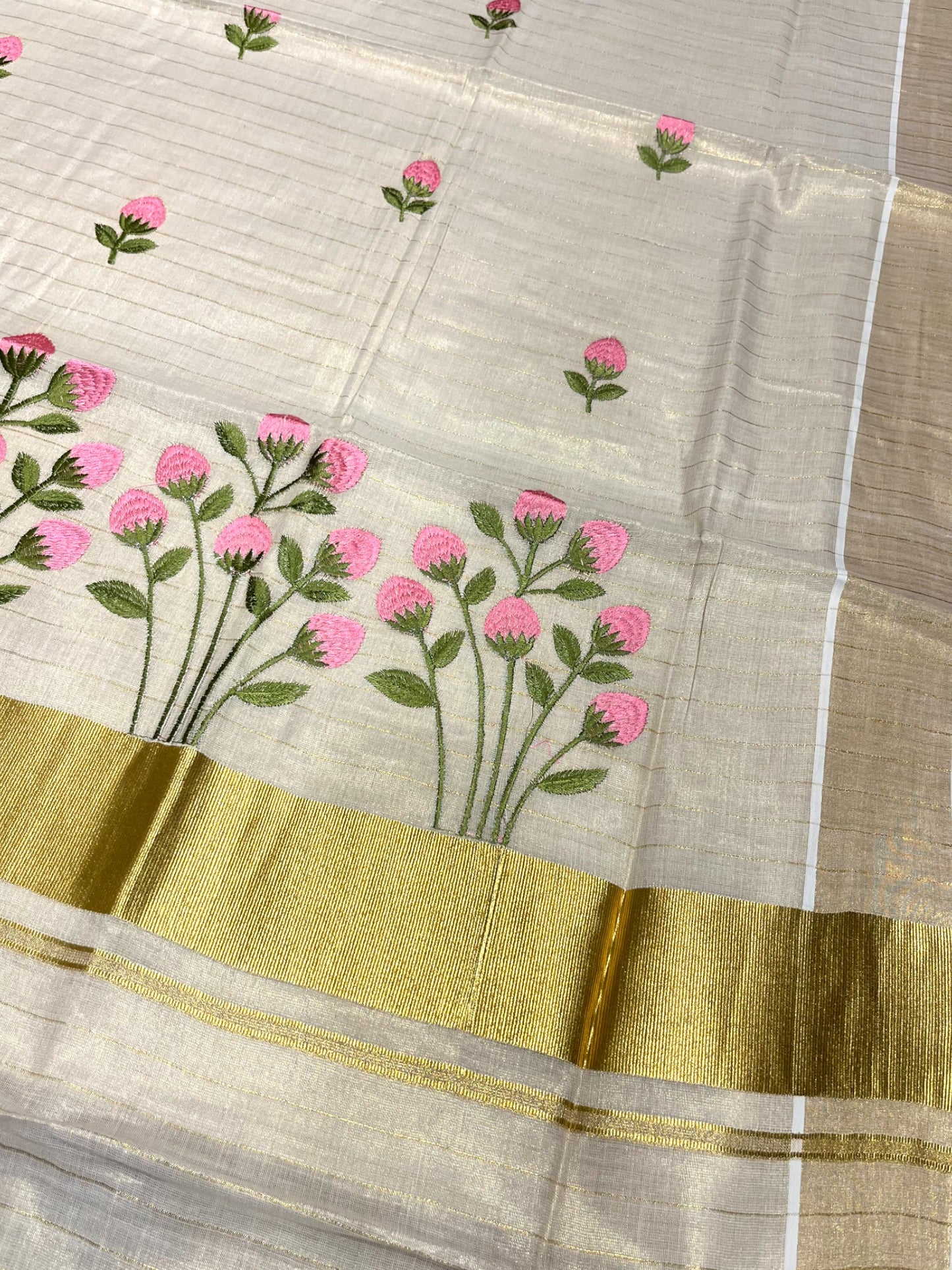 Southloom Tissue Kerala Kasavu Saree with Floral Embroidery Design