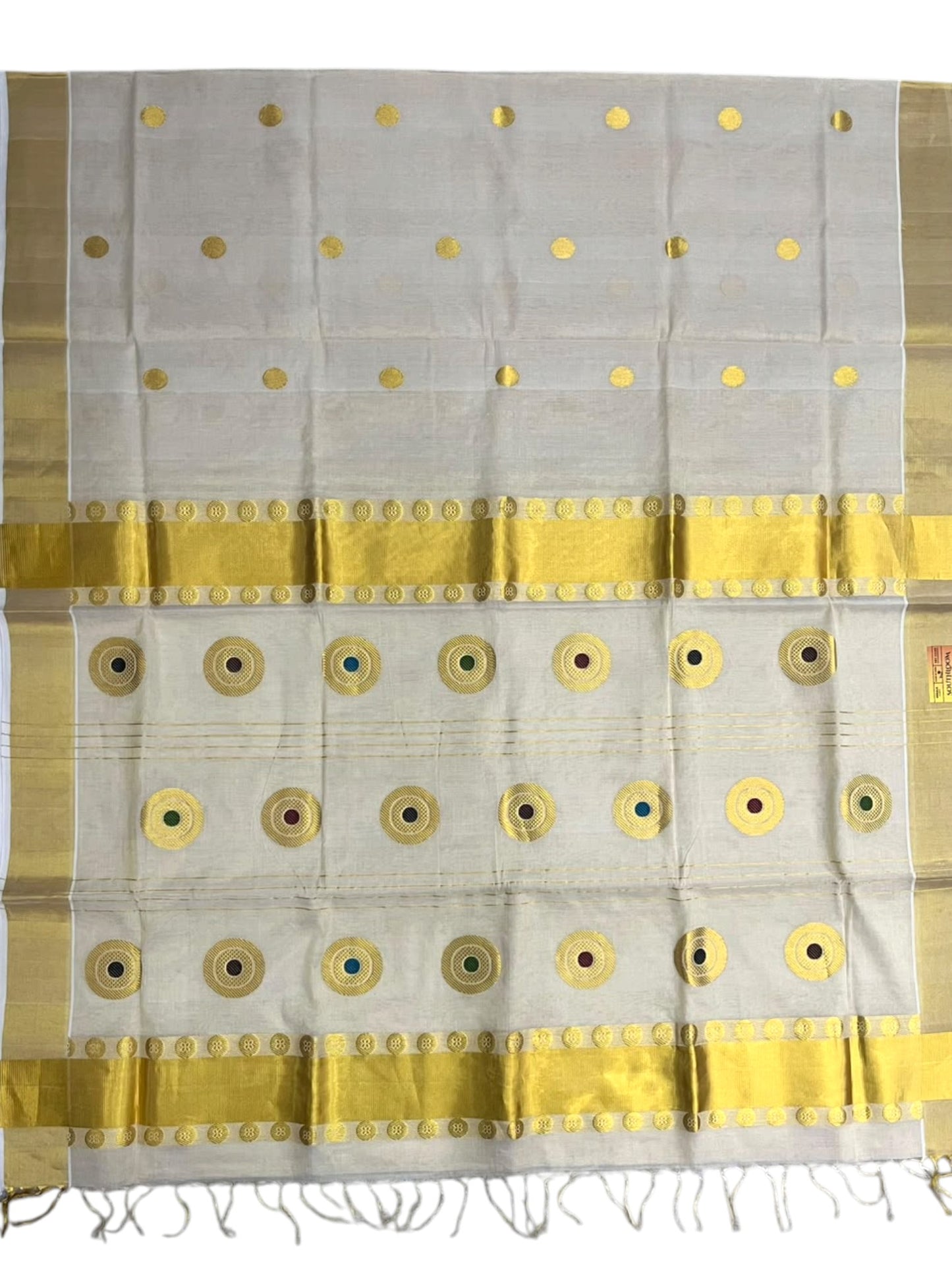 Southloom Super Premium Balaramapuram Handloom Tissue Saree with Butta Design and Gold Kasavu Border