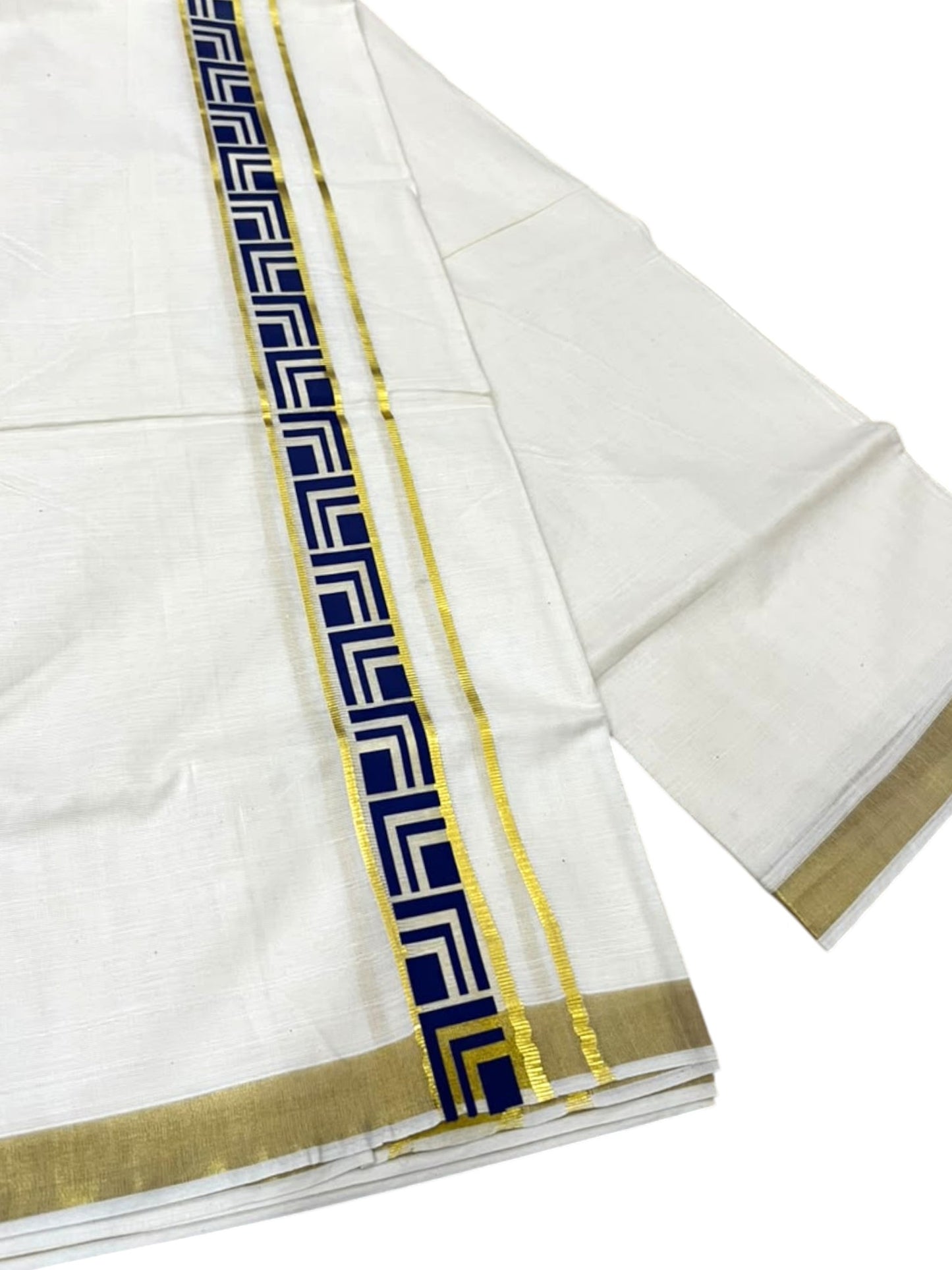 Southloom Pure Cotton Double Mundu with Blue Block Printed And Ksavu Border (South Indian Kerala Dhoti)