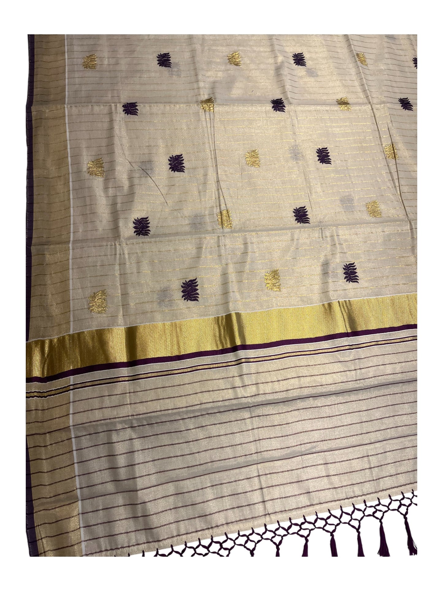 Southloom Kerala Tissue Kasavu Line Saree with Purple Lotus Embroidery Works