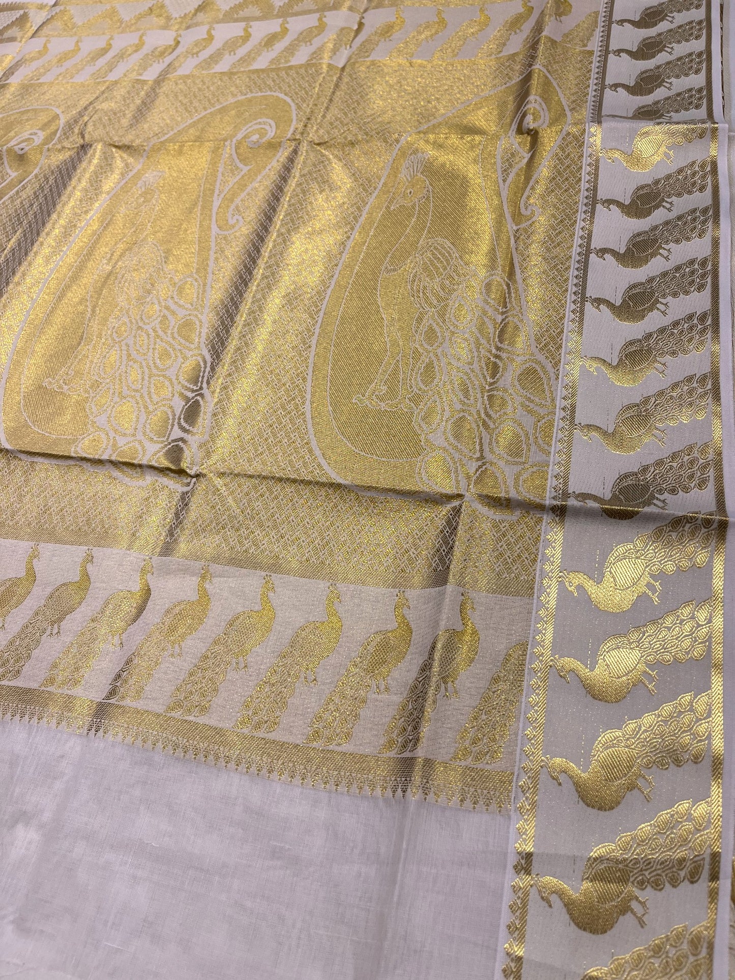 Southloom Cotton Kasavu Replica Saree with Golden Works Across Body and Kasavu Border