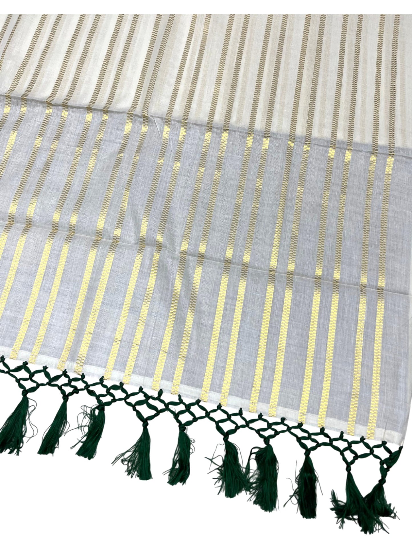 Southloom Cotton Kerala Kasavu Saree with Stripes on Body and Green Tussels