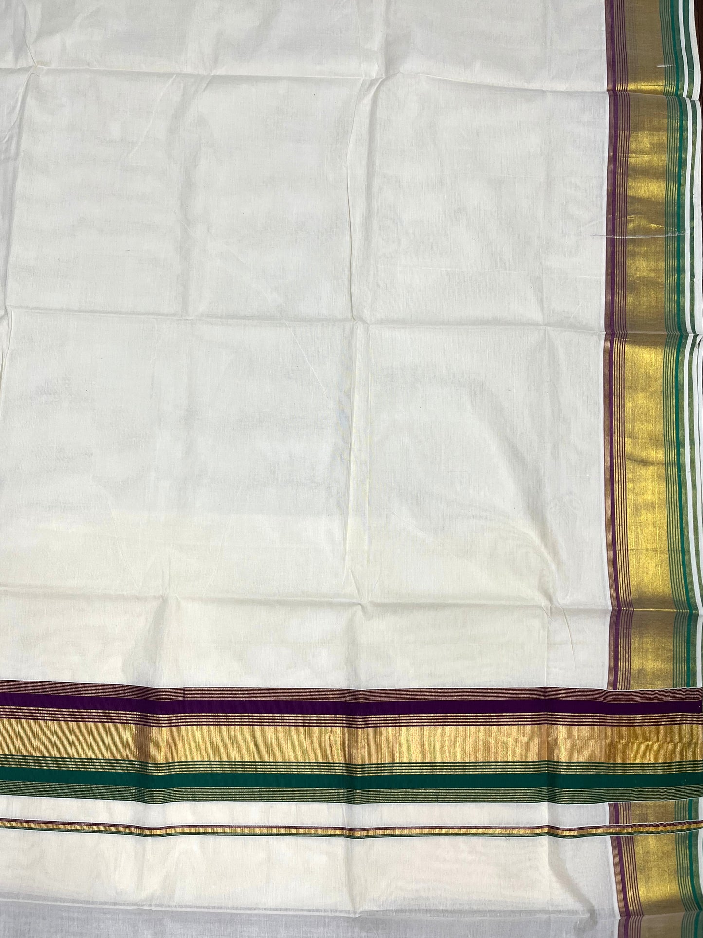 Southloom Kerala Cotton Kasavu Saree with Green And Purple Border