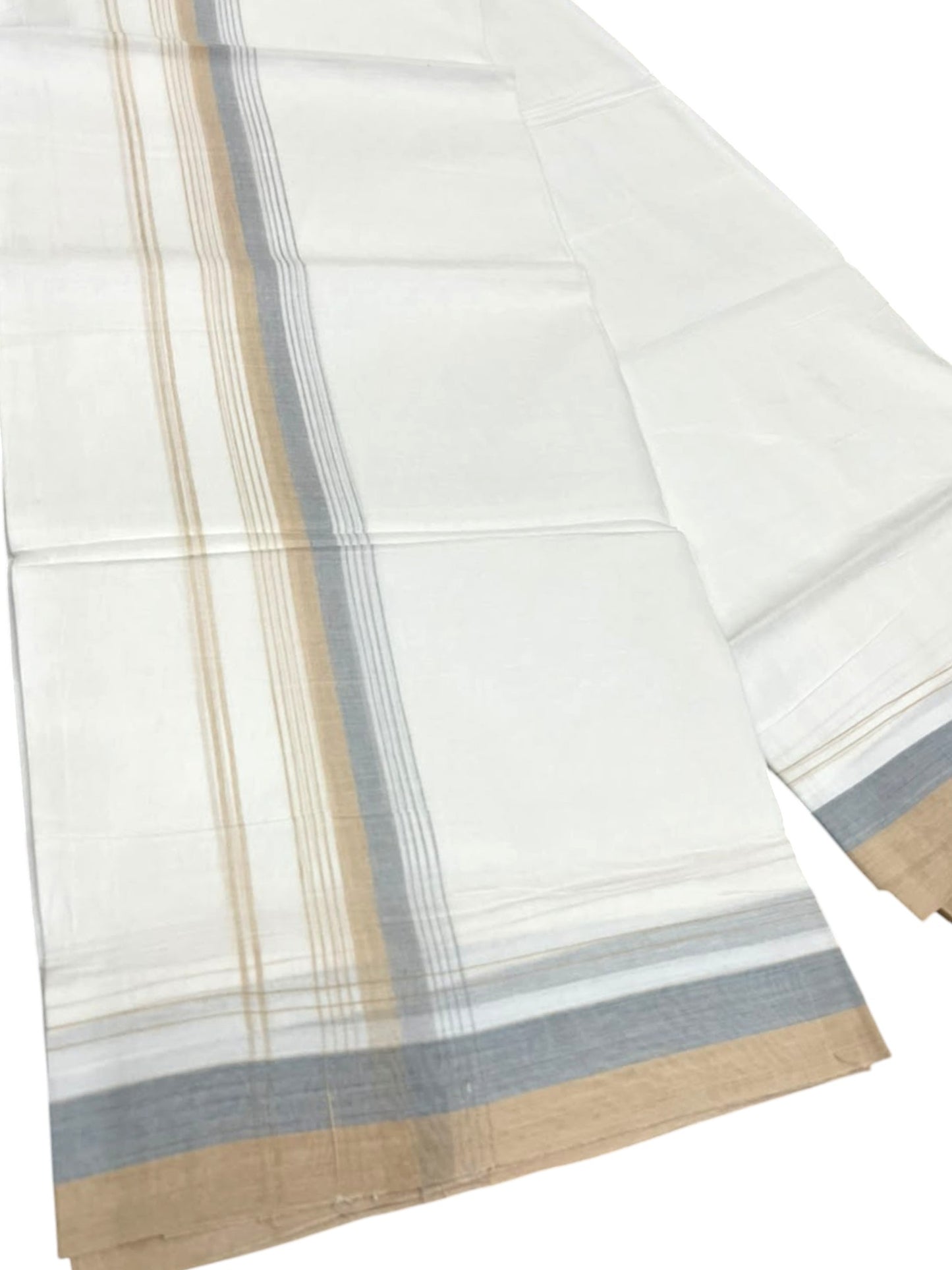Southloom Pure Cotton Mundu with Beige & Grey Border (South Indian Kerala Dhoti)