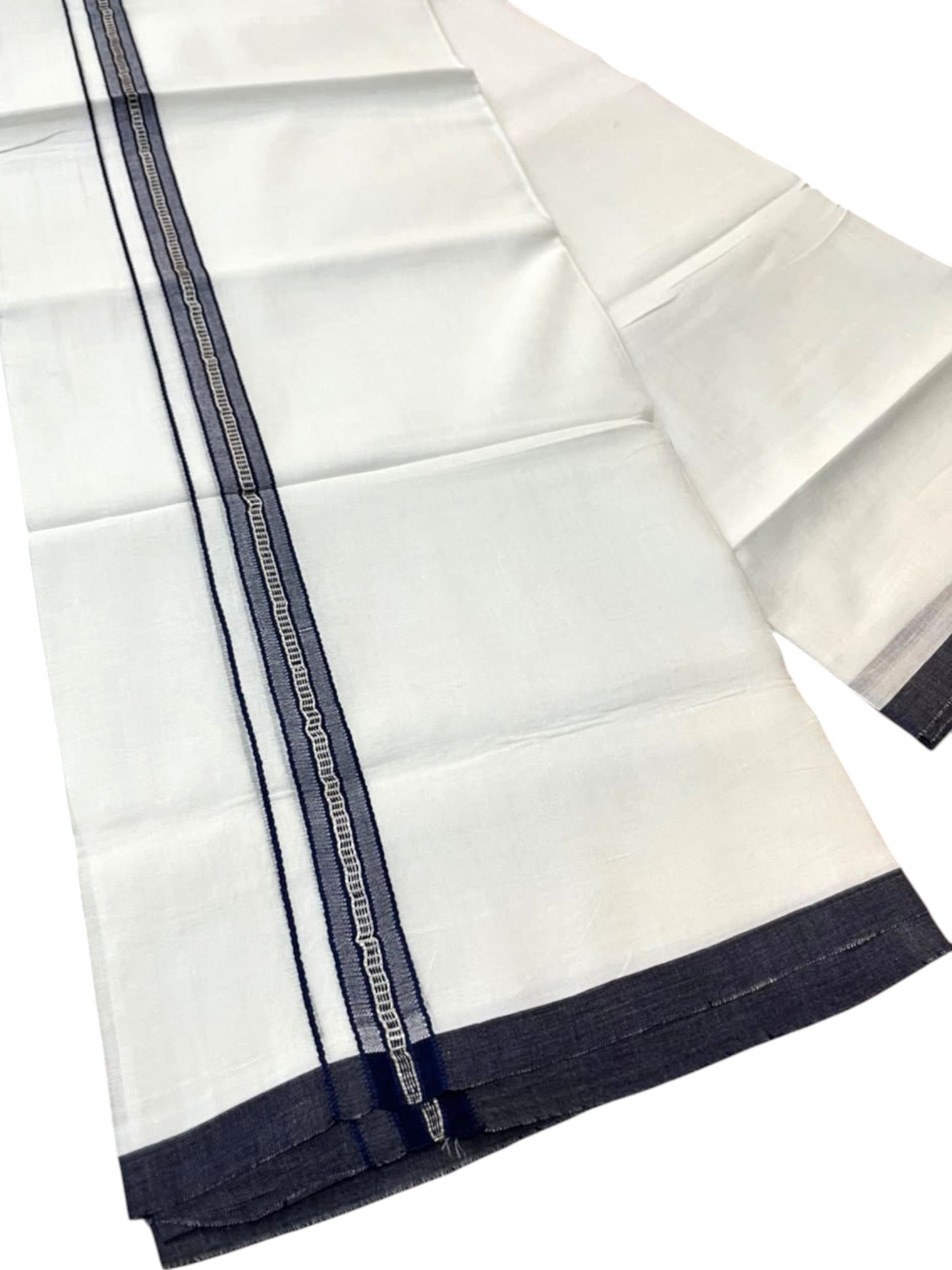 Southloom Pure White Cotton Mundu with Blue & Silver Line Border (South Indian Kerala Dhoti)