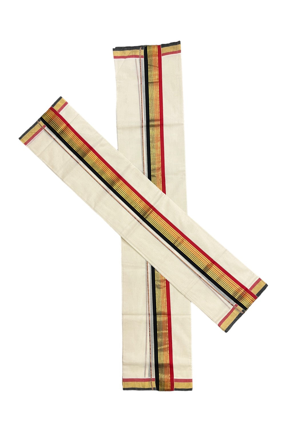 Pure Cotton Handloom Premium Kasavu Set Mundu (Mundum Neriyathum) with Red and Black Border