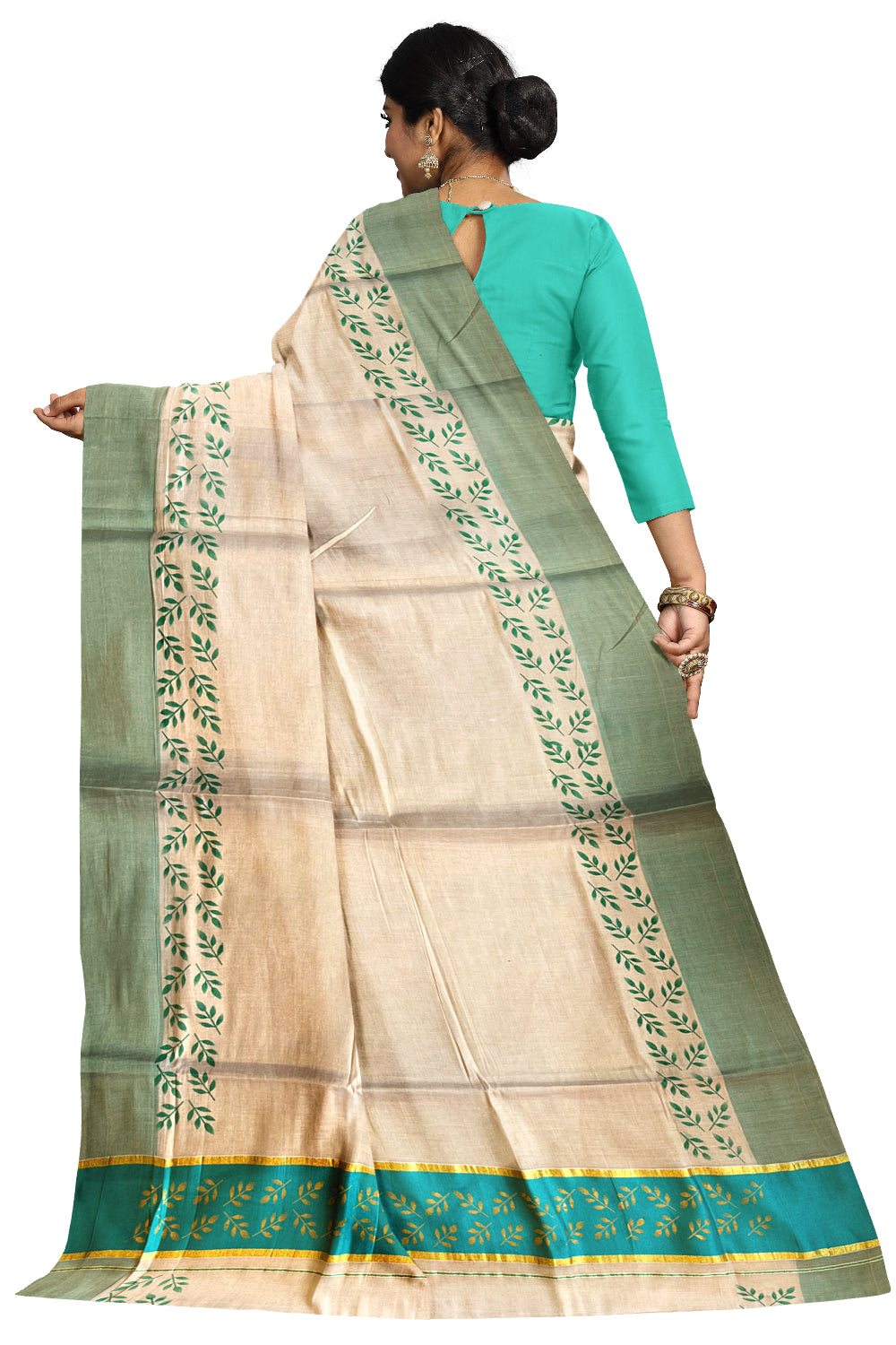 Kerala Tissue Kasavu Saree with Golden and Turquoise Block Prints on Border and Tassels Works