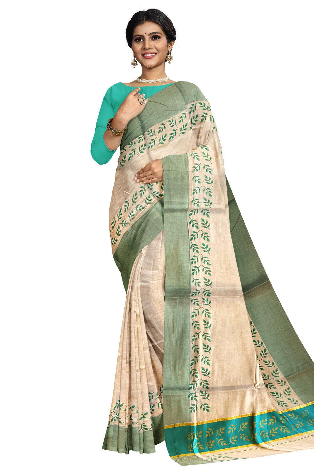 Kerala Tissue Kasavu Saree with Golden and Turquoise Block Prints on Border and Tassels Works