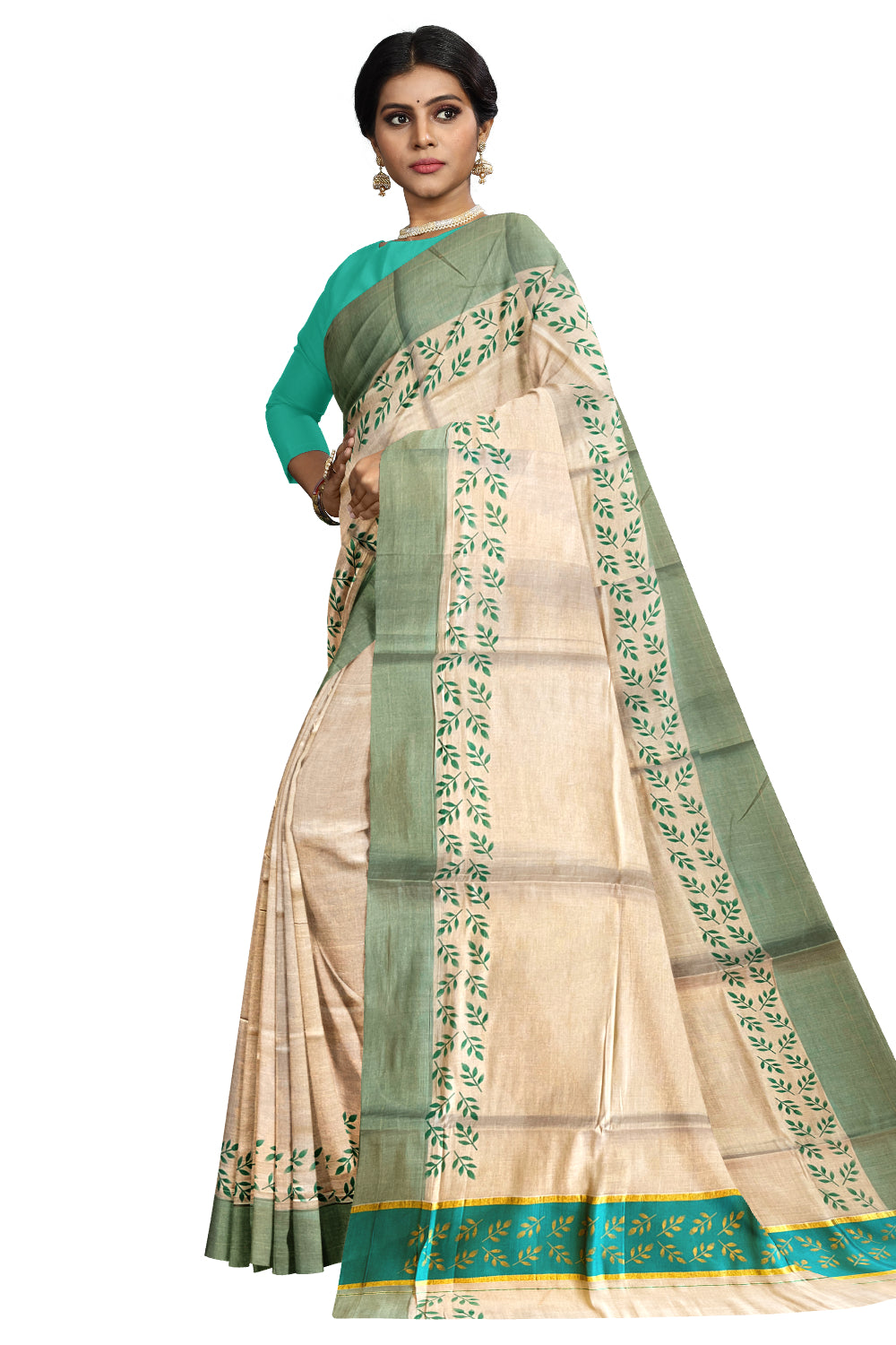 Kerala Tissue Kasavu Saree with Golden and Turquoise Block Prints on Border and Tassels Works