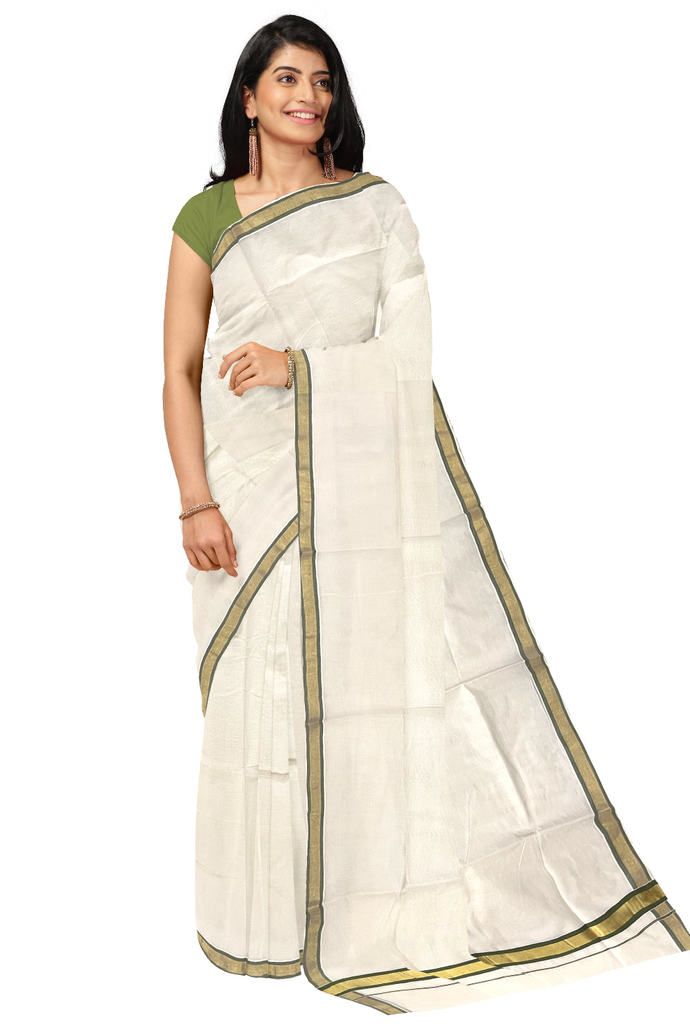 Kerala Pure Cotton Saree with Kasavu and Green Border (Onam Saree 2023)