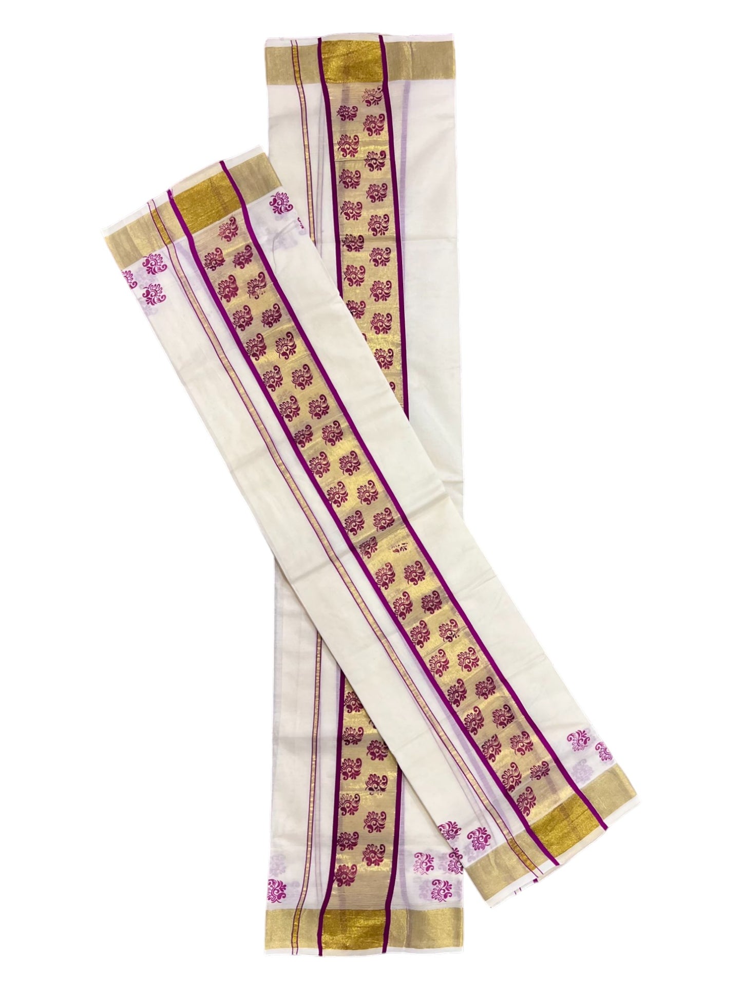 Kerala Pure Cotton Set Mundu Single (Mundum Neriyathum) with Magenta Block Prints on Kasavu Border-2.80Mtrs (Vishu 2024 Collection)