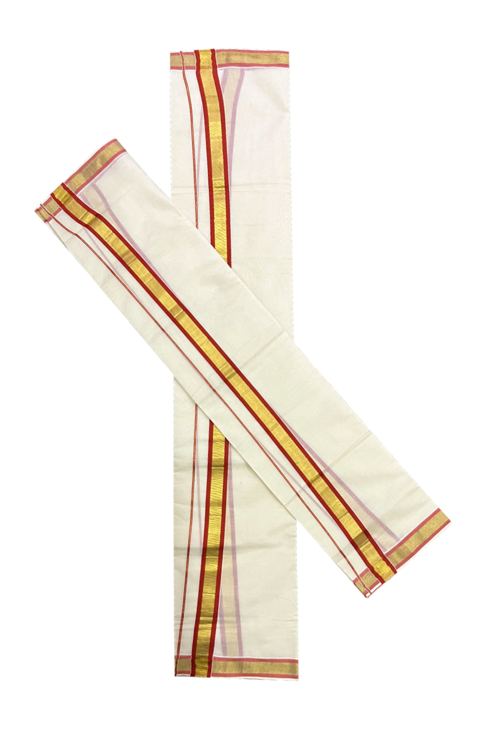 Pure Cotton Mundum Neriyathum Double (Set Mundu) with Orange and Kasavu Border 2.80 Mtrs