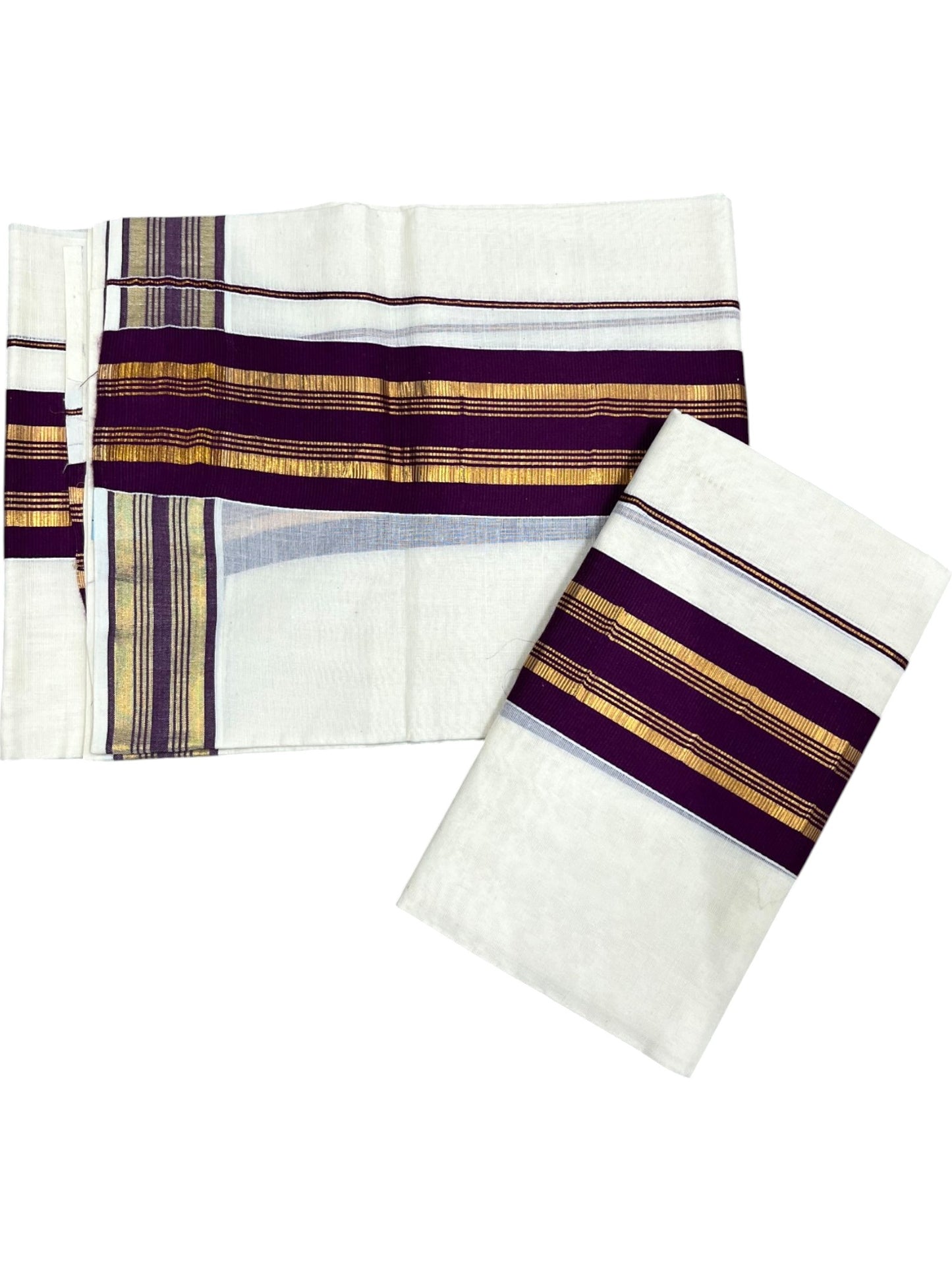 Southloom Kerala Cotton Kasavu Set Mundu (Mundum Neriyathum) with Kasavu and Purple Border 2.80 Mtrs SLKK