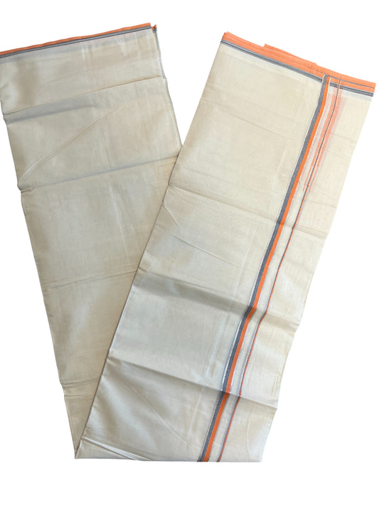 Southloom Pure Cotton Mundu with silver and Orange an Gray Border (South Indian Kerala Dhoti)