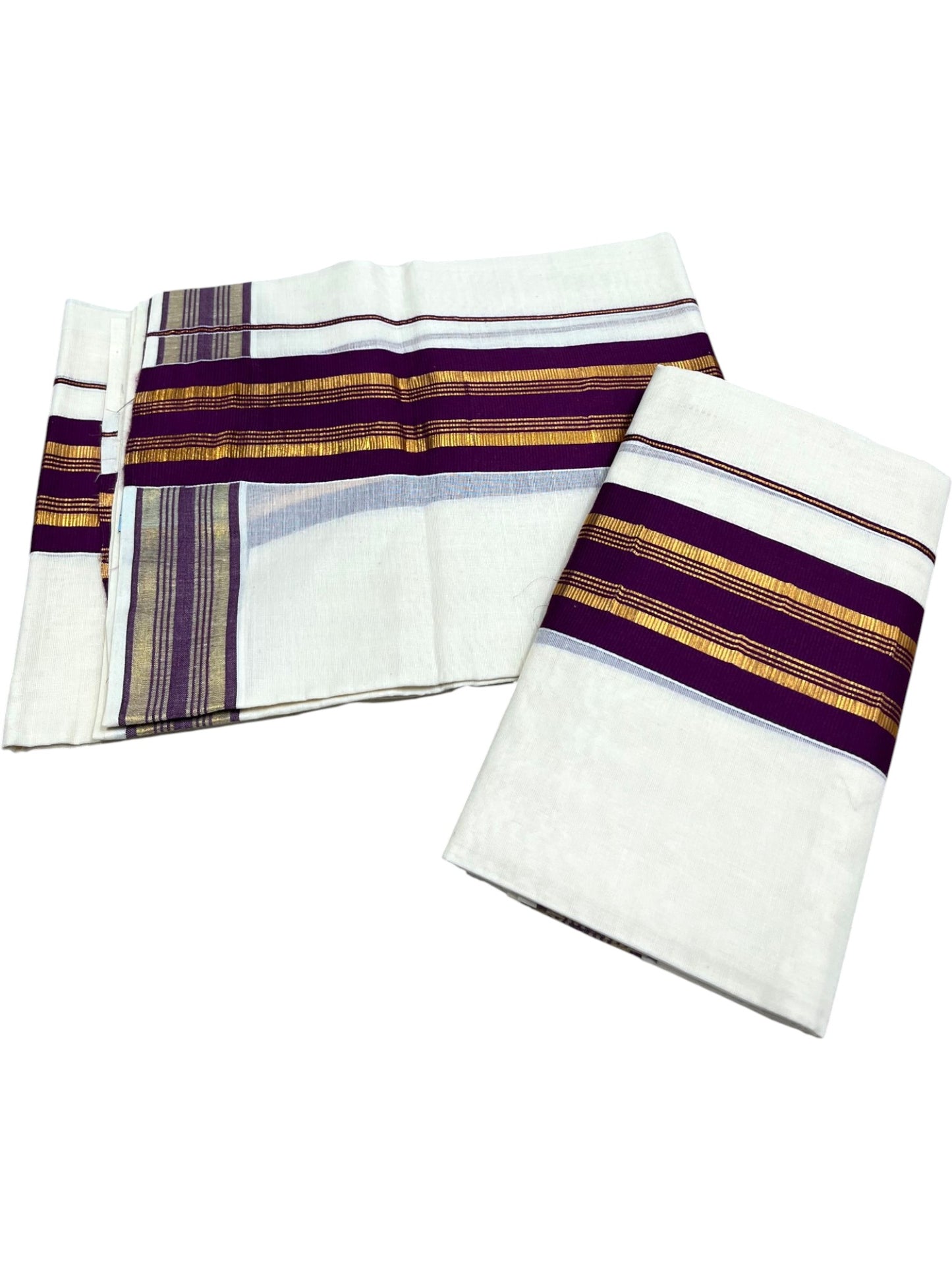 Southloom Kerala Cotton Kasavu Set Mundu (Mundum Neriyathum) with Kasavu and Purple Border 2.80 Mtrs SLKK