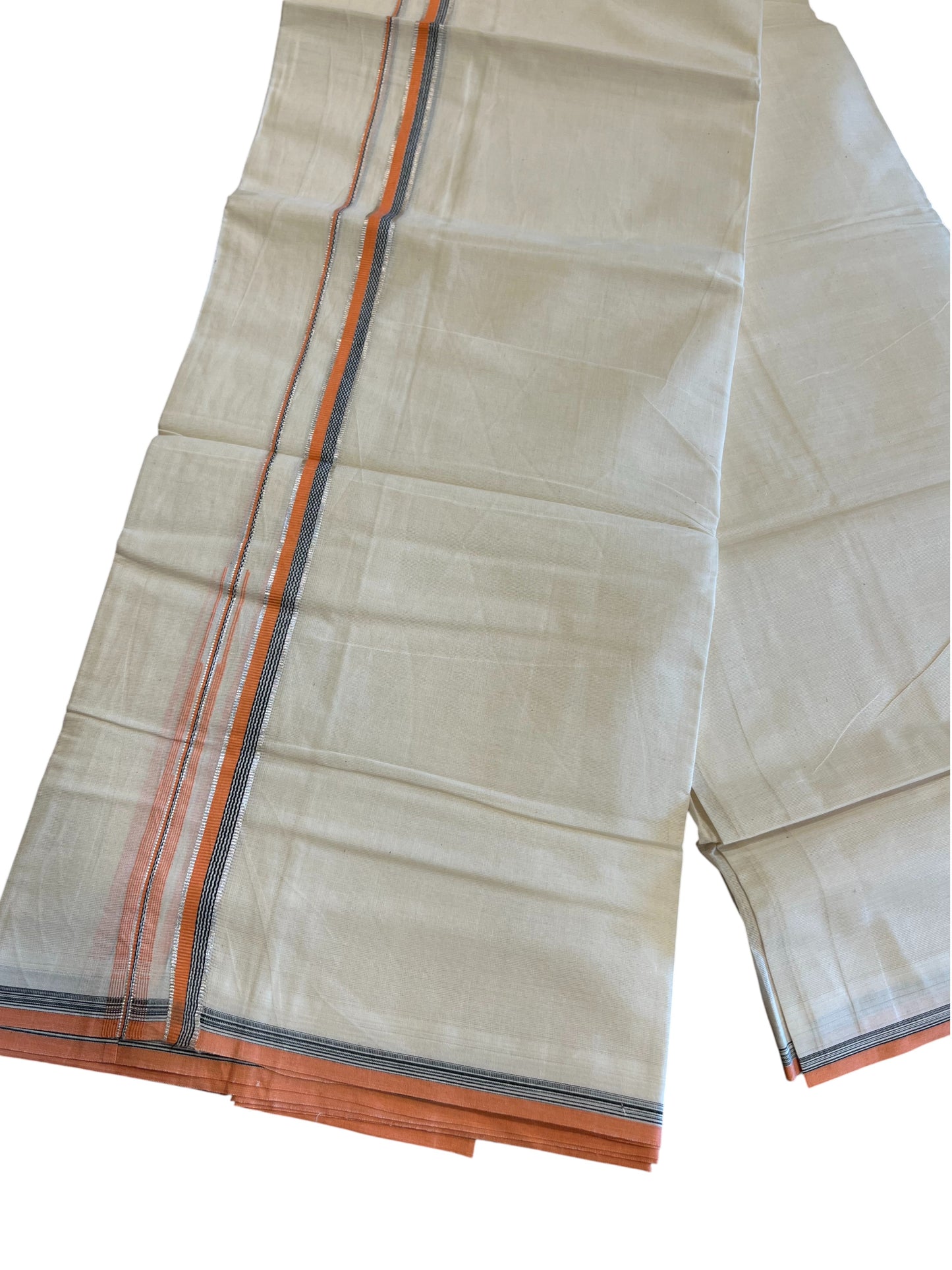 Southloom Pure Cotton Mundu with silver and Orange an Gray Border (South Indian Kerala Dhoti)