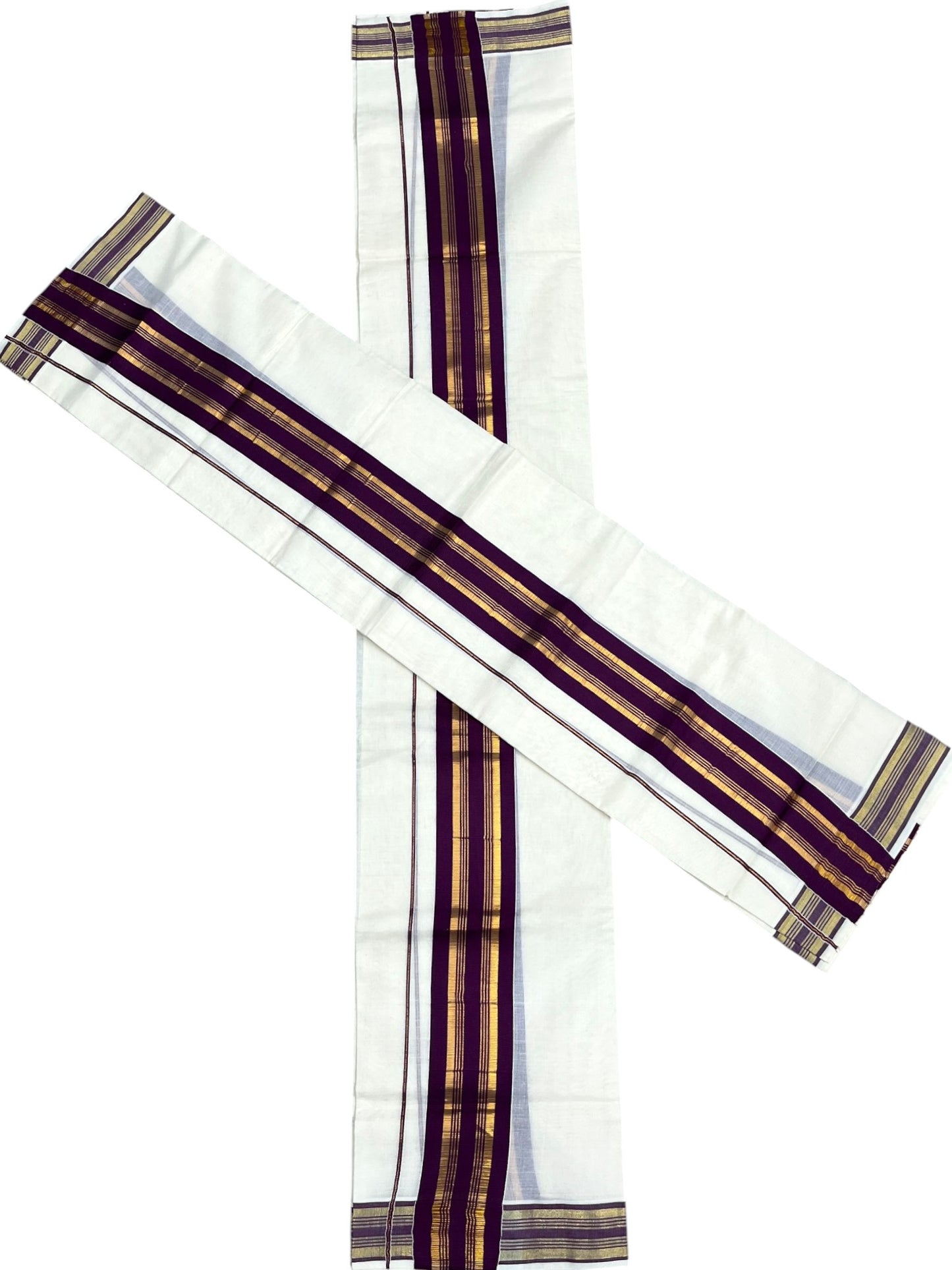 Southloom Kerala Cotton Kasavu Set Mundu (Mundum Neriyathum) with Kasavu and Purple Border 2.80 Mtrs SLKK