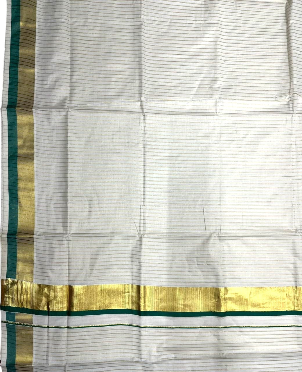 Southloom Pure Cotton Kerala Saree with Gold Kasavu Lines Across Body and  Green Border