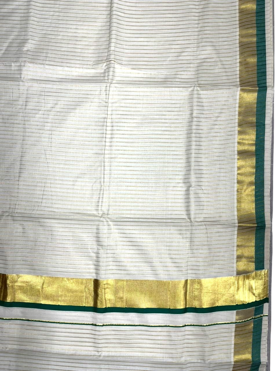Southloom Pure Cotton Kerala Saree with Gold Kasavu Lines Across Body and  Green Border