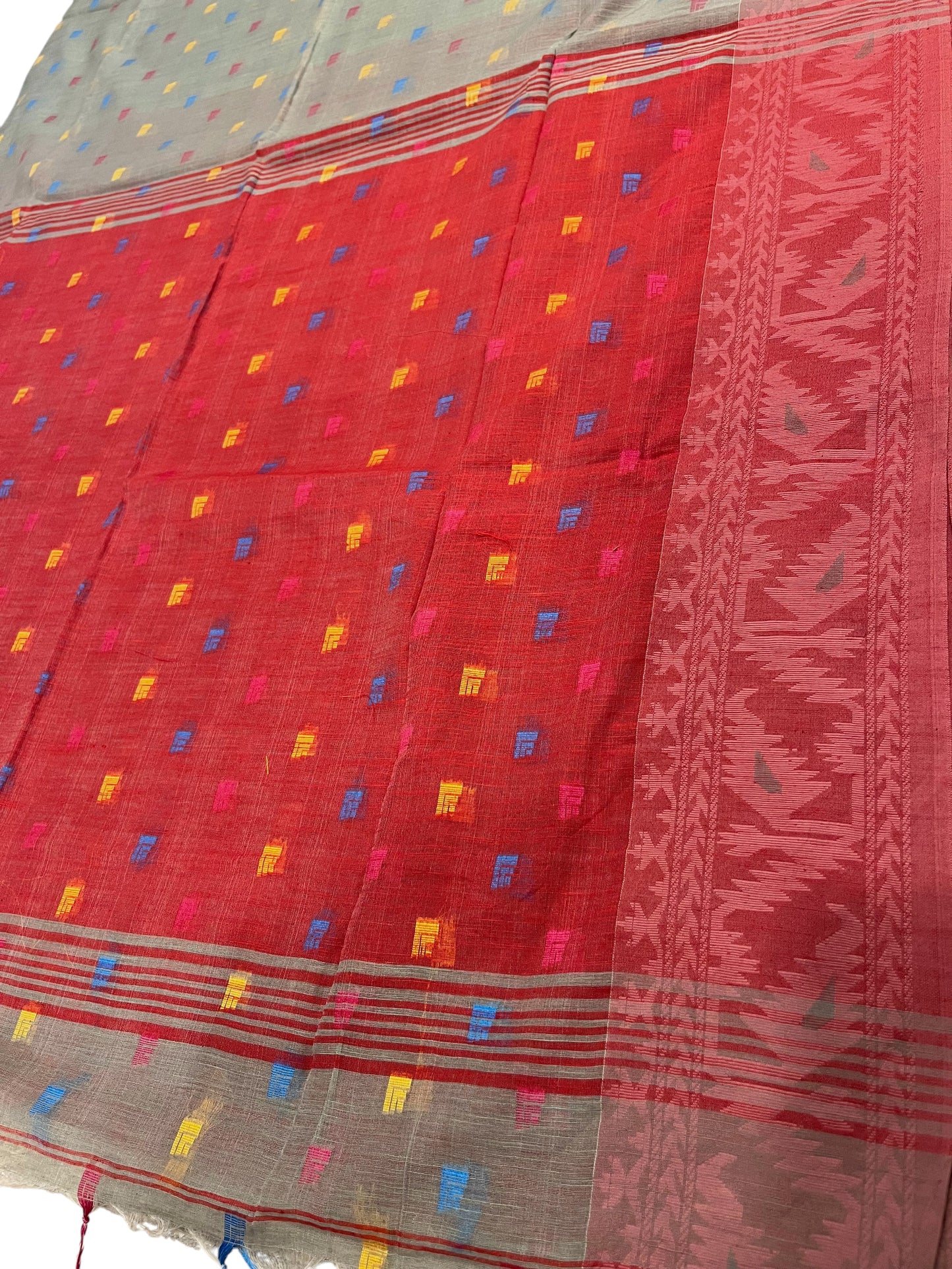 Southloom  Linen Cotton Saree in Grey And Red with Butta Works Across Body