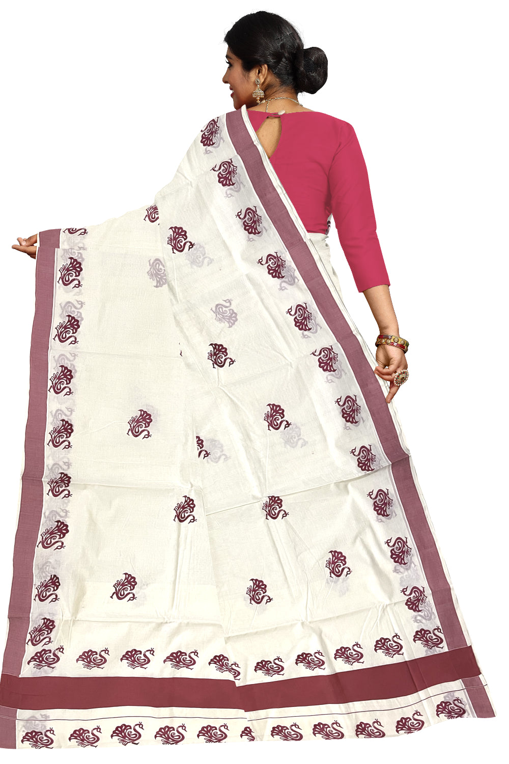 Pure Cotton Kerala Saree with Brick Red Peacock Block Printed Border (Onam Saree 2023)