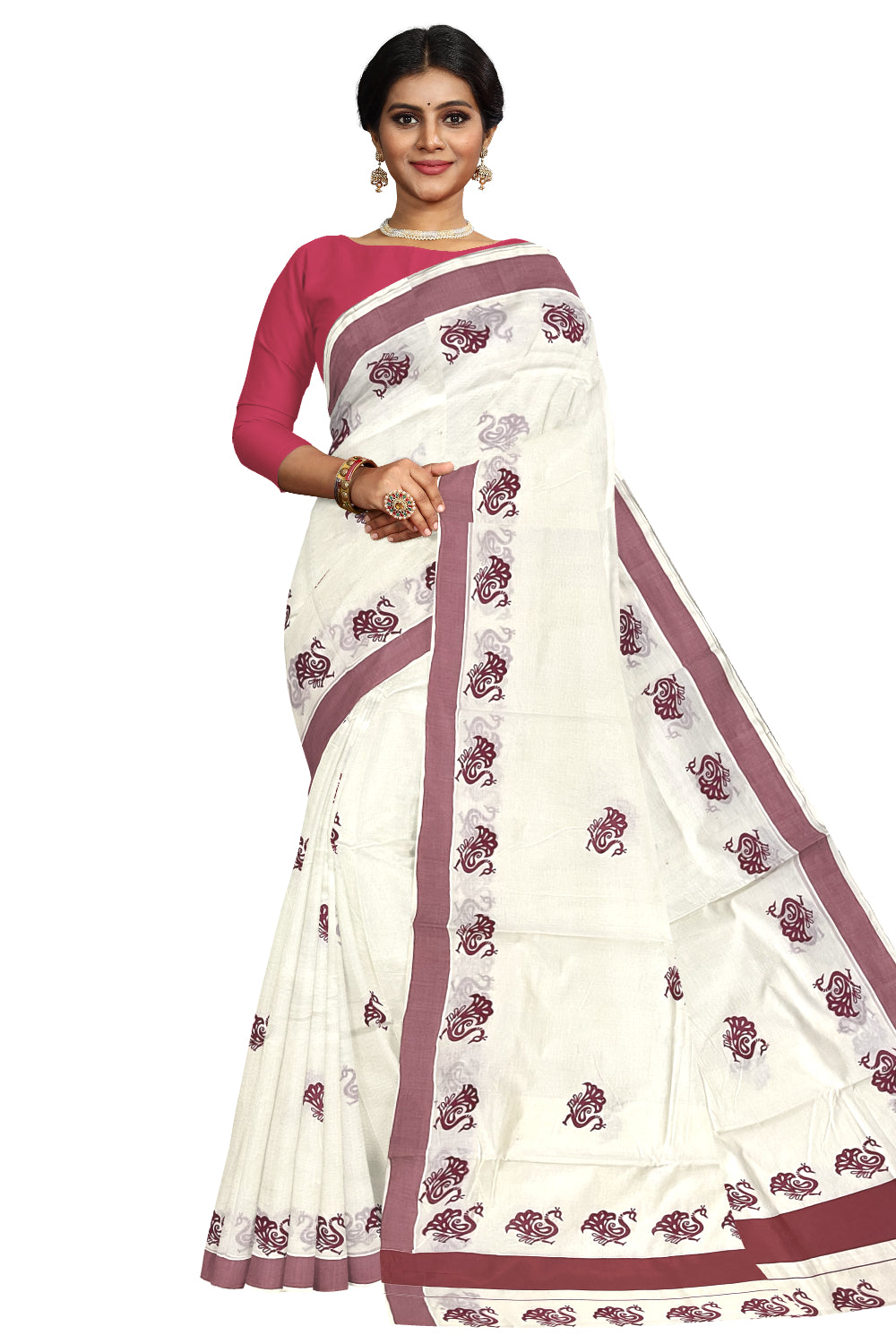 Pure Cotton Kerala Saree with Brick Red Peacock Block Printed Border (Onam Saree 2023)