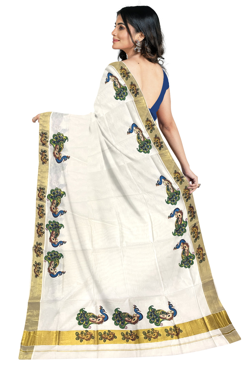 Pure Cotton Kerala Kasavu Saree with Peacock Mural Printed Design