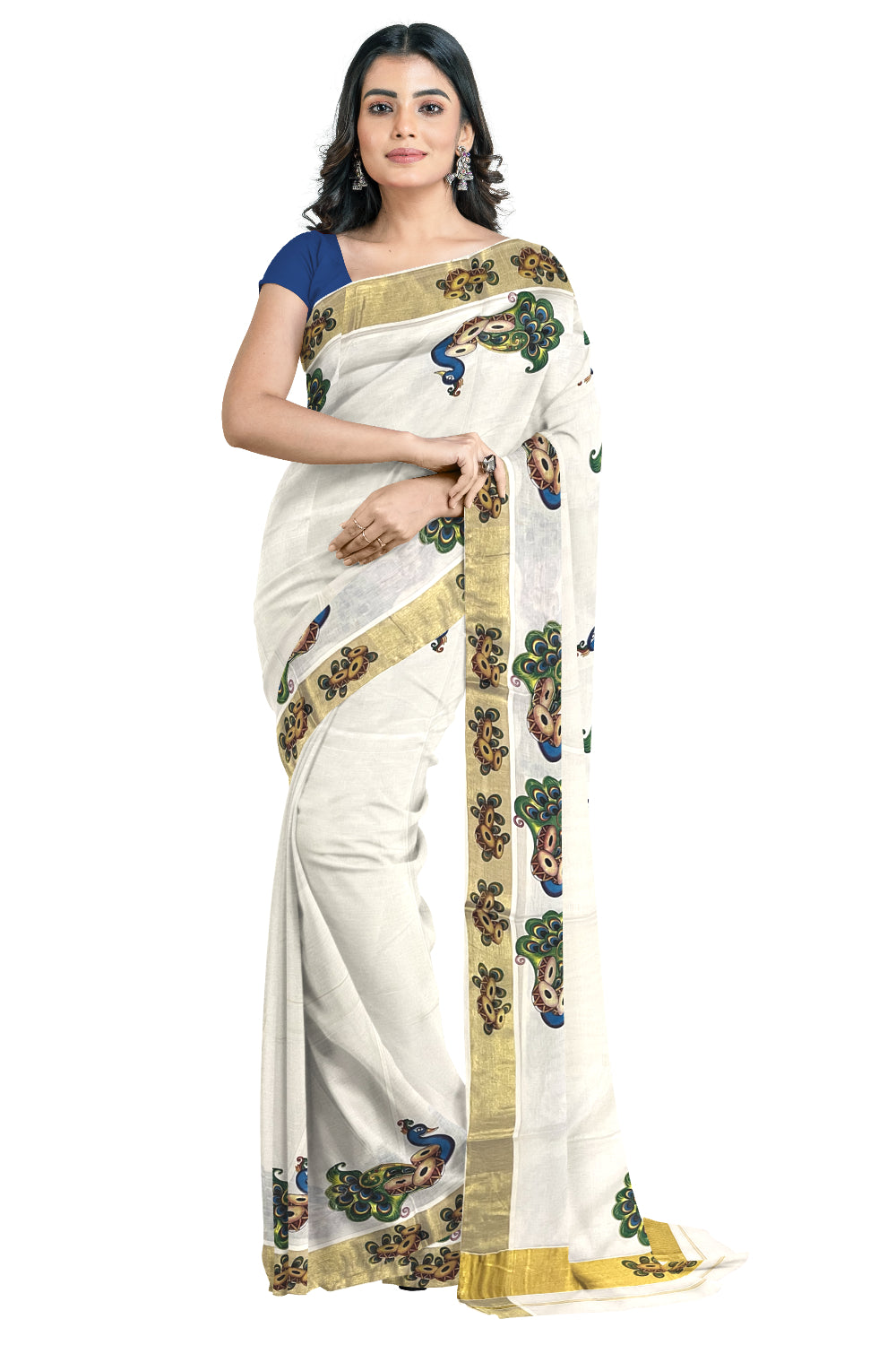 Pure Cotton Kerala Kasavu Saree with Peacock Mural Printed Design