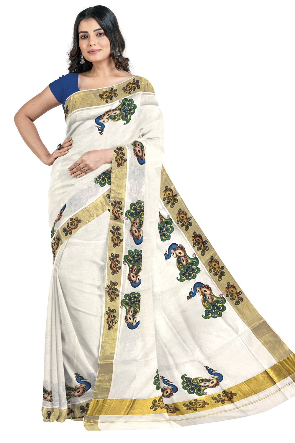 Pure Cotton Kerala Kasavu Saree with Peacock Mural Printed Design