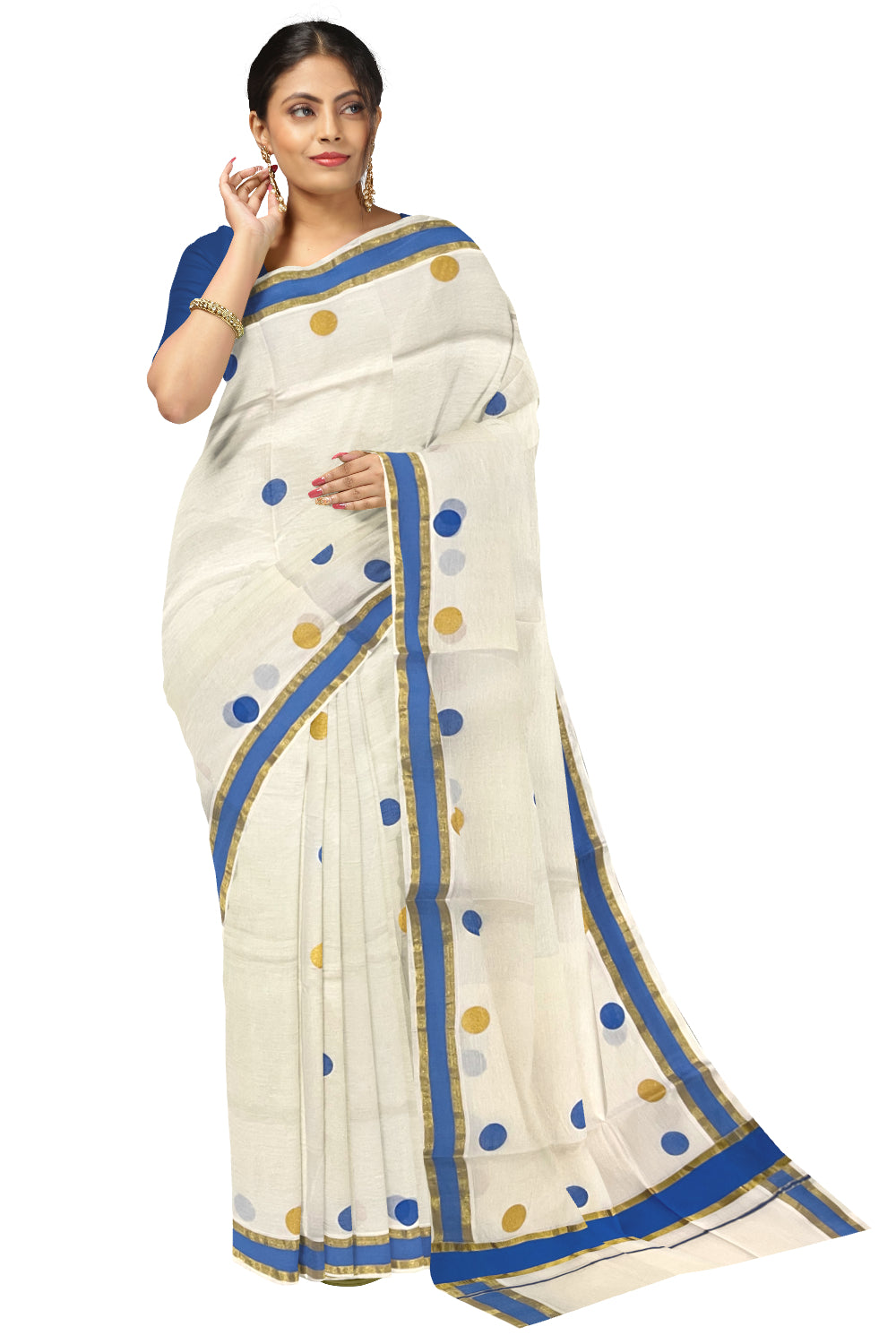 Pure Cotton Kerala Kasavu Saree with Golden and Blue Polka Prints on Body