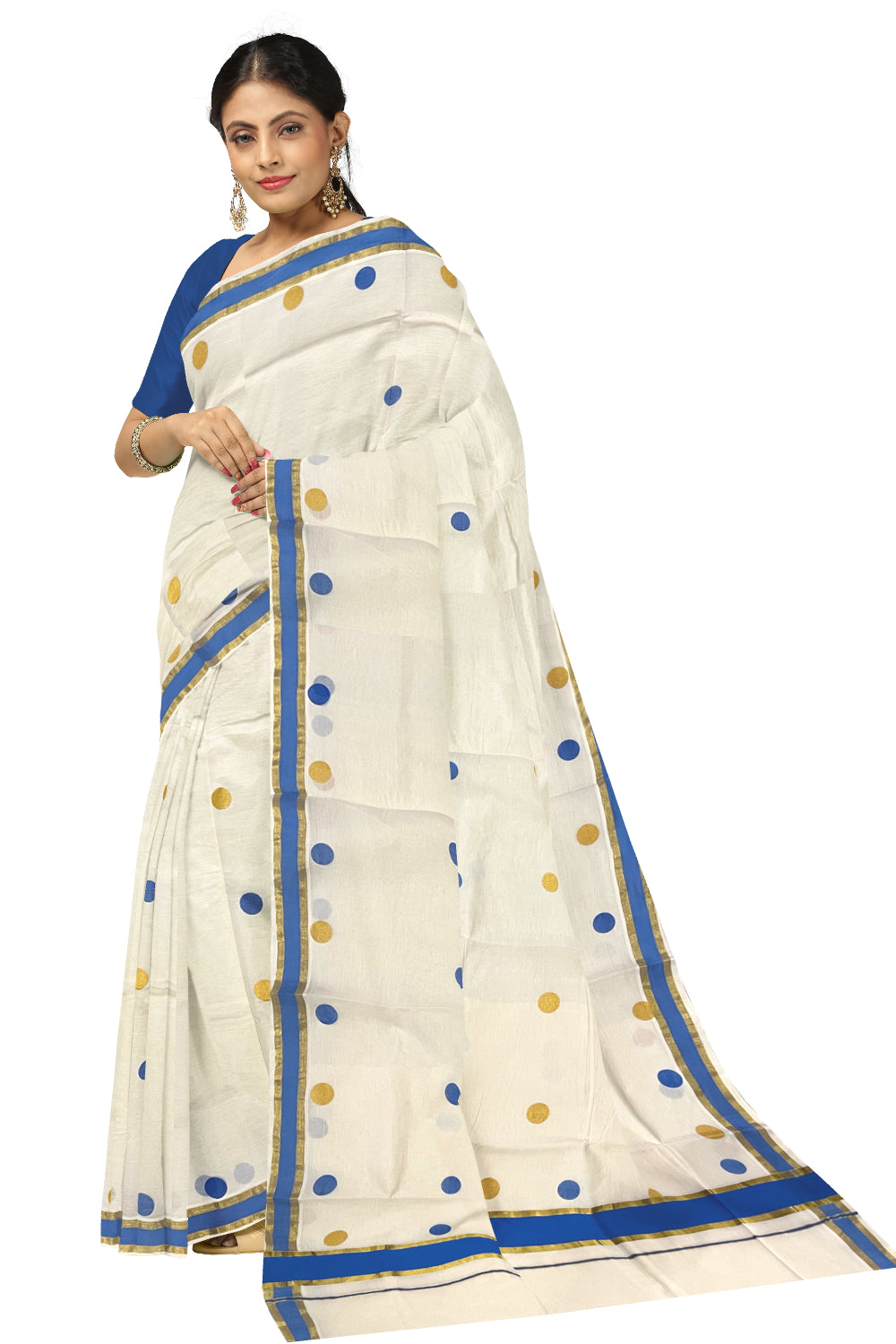 Pure Cotton Kerala Kasavu Saree with Golden and Blue Polka Prints on Body