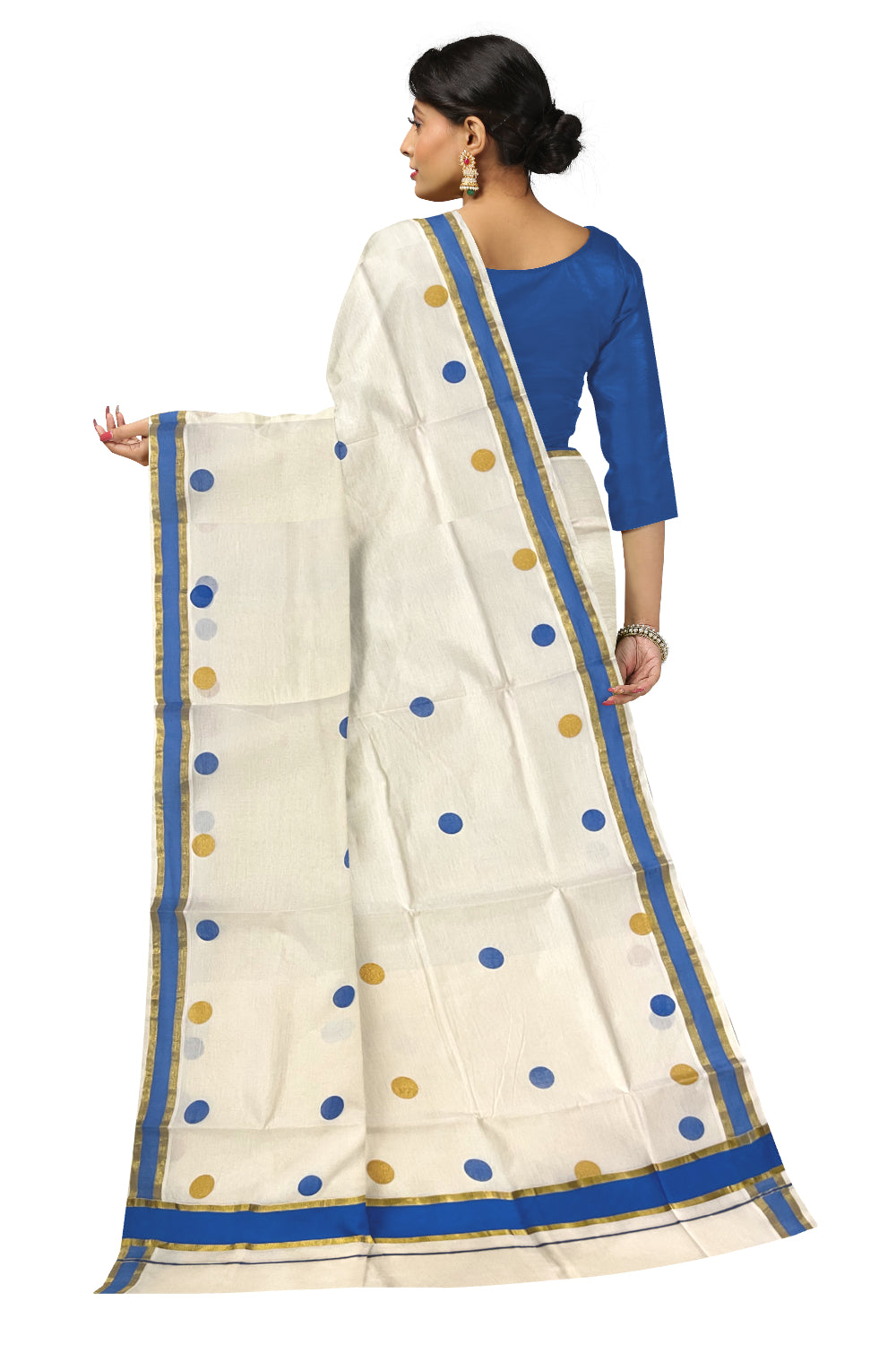 Pure Cotton Kerala Kasavu Saree with Golden and Blue Polka Prints on Body