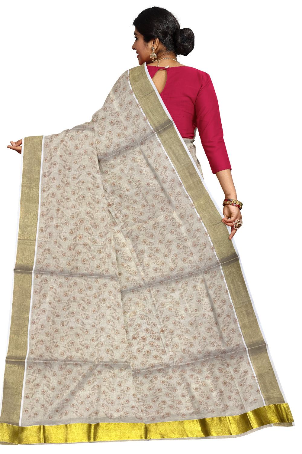 Kerala Tissue Kasavu Saree with Brown Block Printed Designs