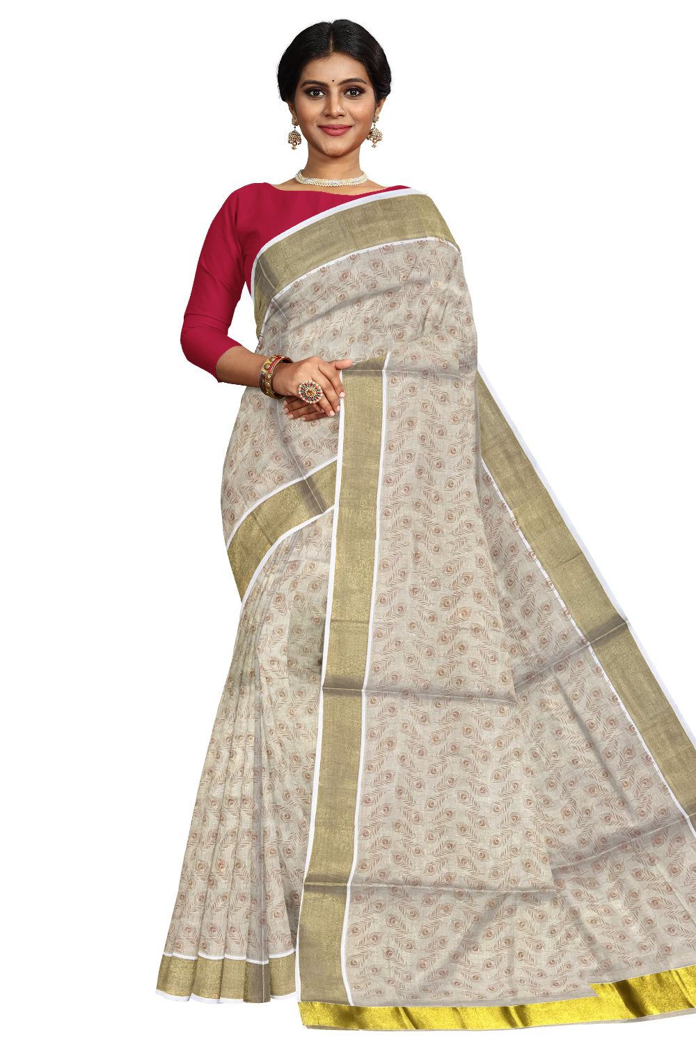 Kerala Tissue Kasavu Saree with Brown Block Printed Designs