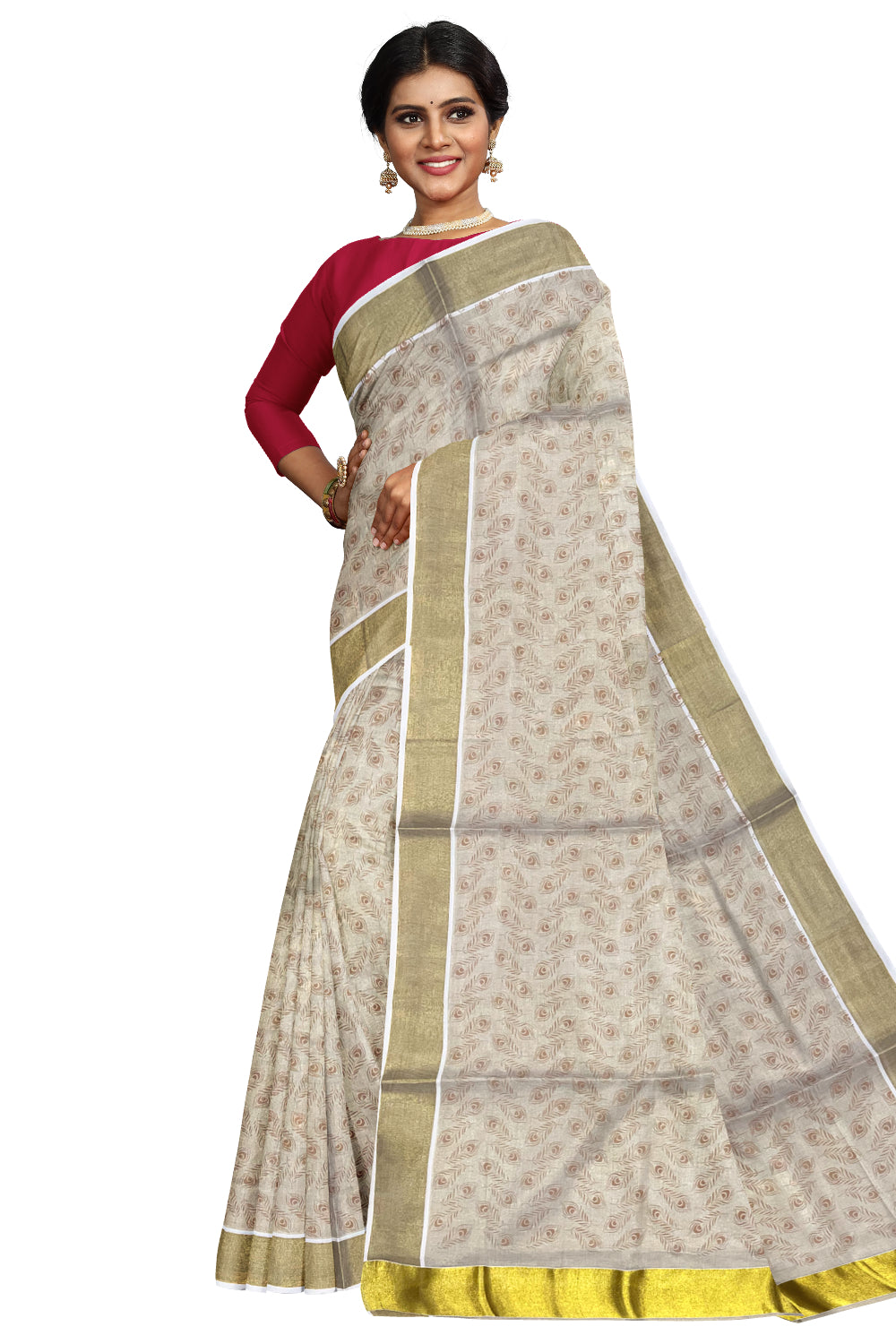 Kerala Tissue Kasavu Saree with Brown Block Printed Designs