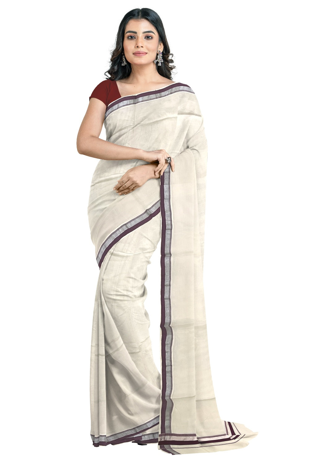 Kerala Pure Cotton Plain Saree with Silver Kasavu and Purple Border